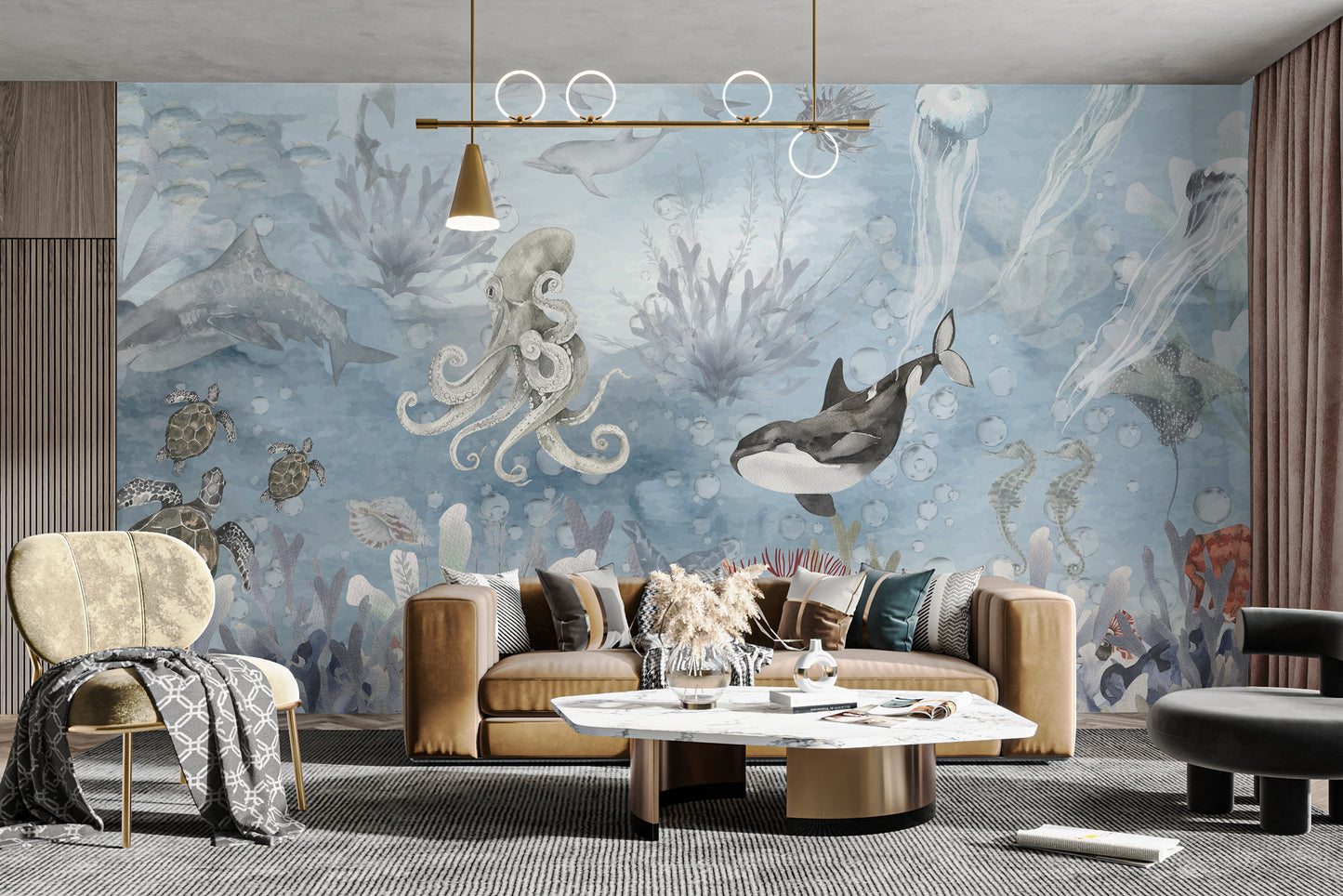 Ocean-inspired symphony mural wallpaper for aquatic decor.
