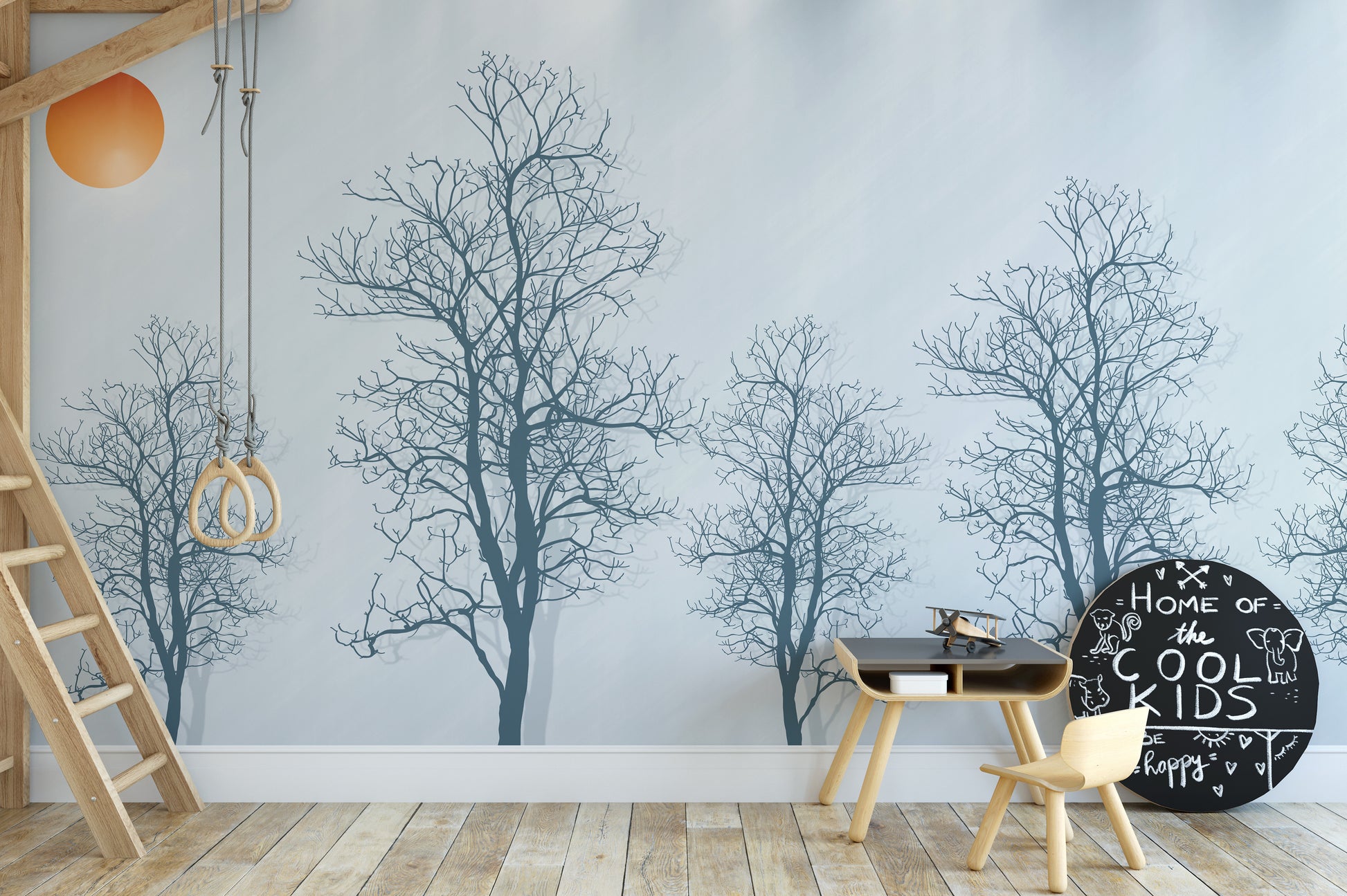 Elegant tree contours mural with a striking red sun accent.
