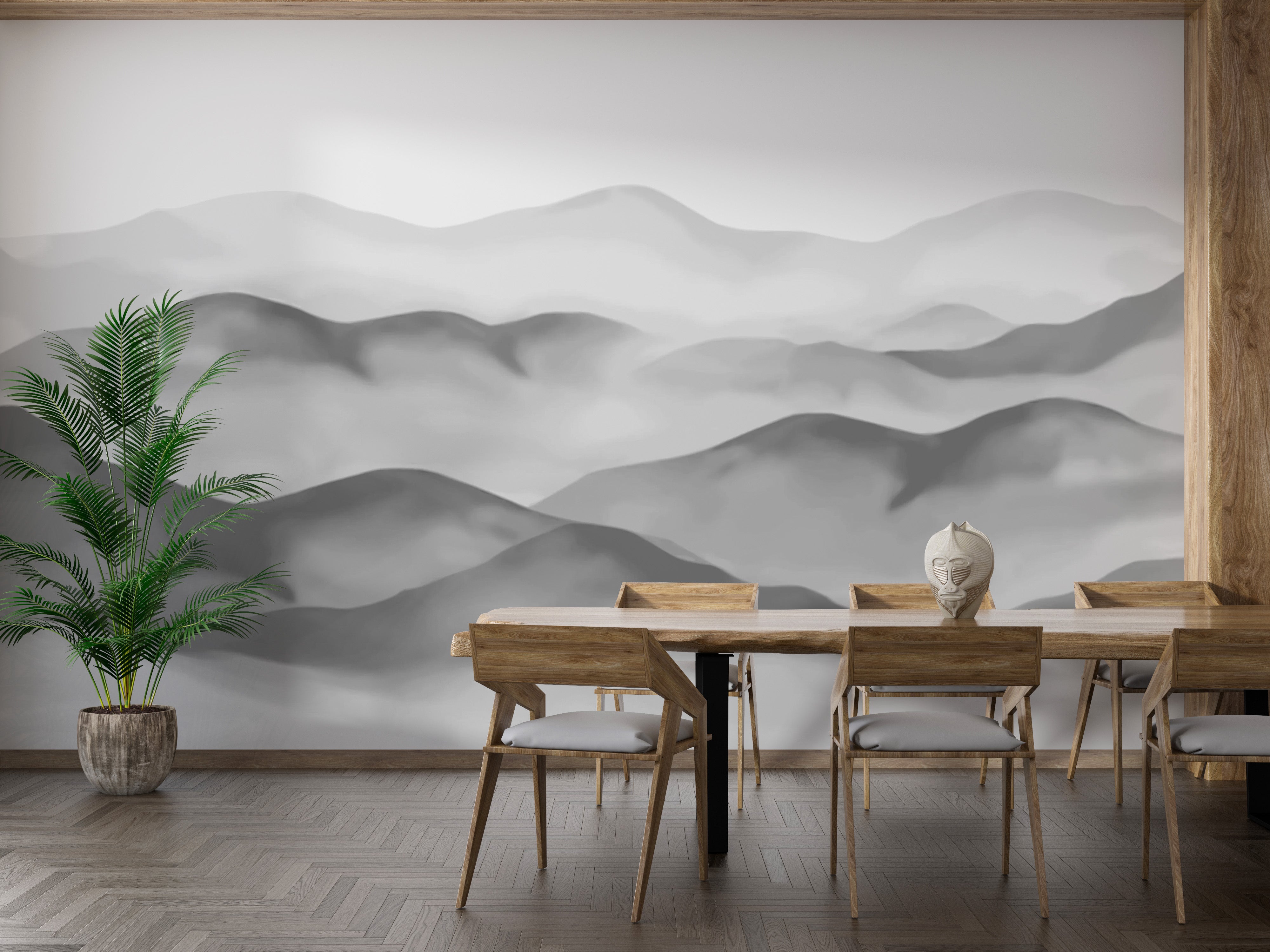 Tranquil grey mountain wall mural for calm spaces