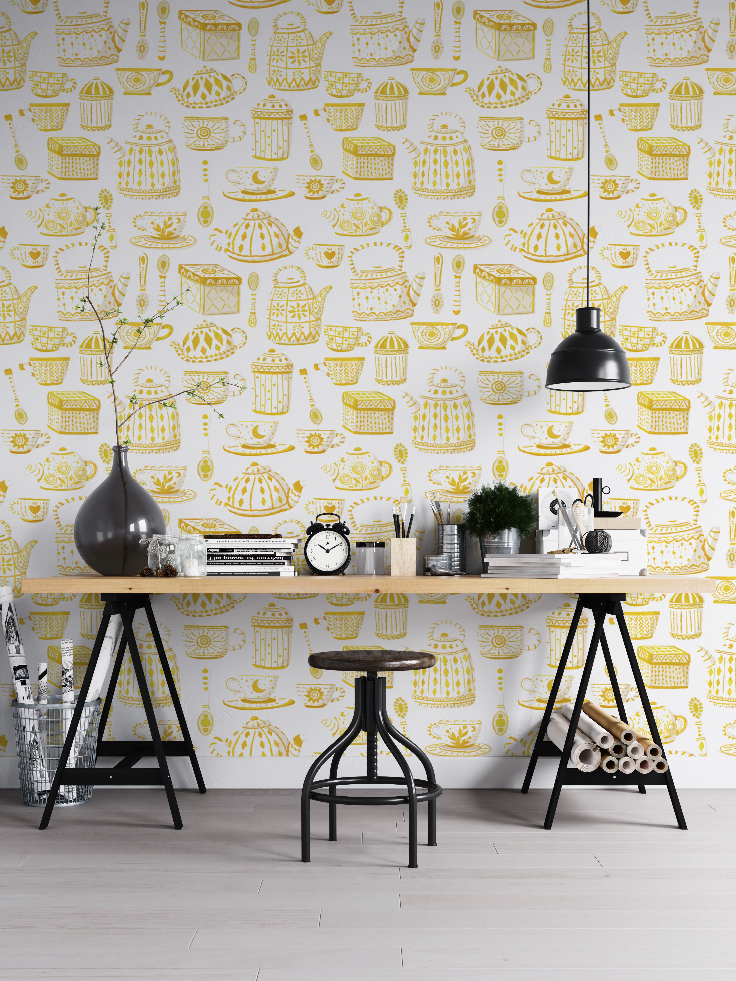 Yellow tea set wallpaper perfect for a vintage-inspired room.
