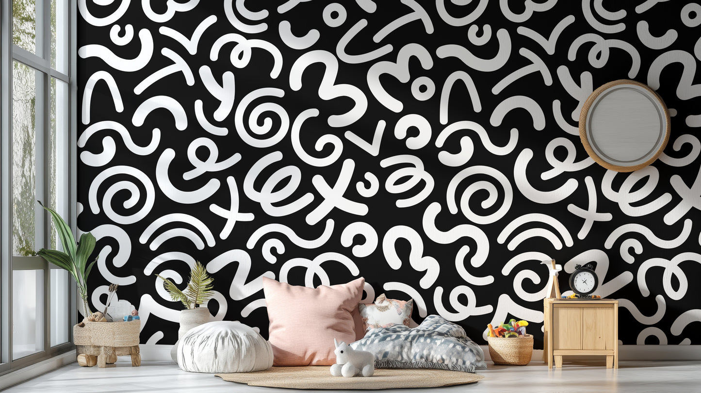 Black and White Abstract Doodle Squiggle Pattern Wallpaper