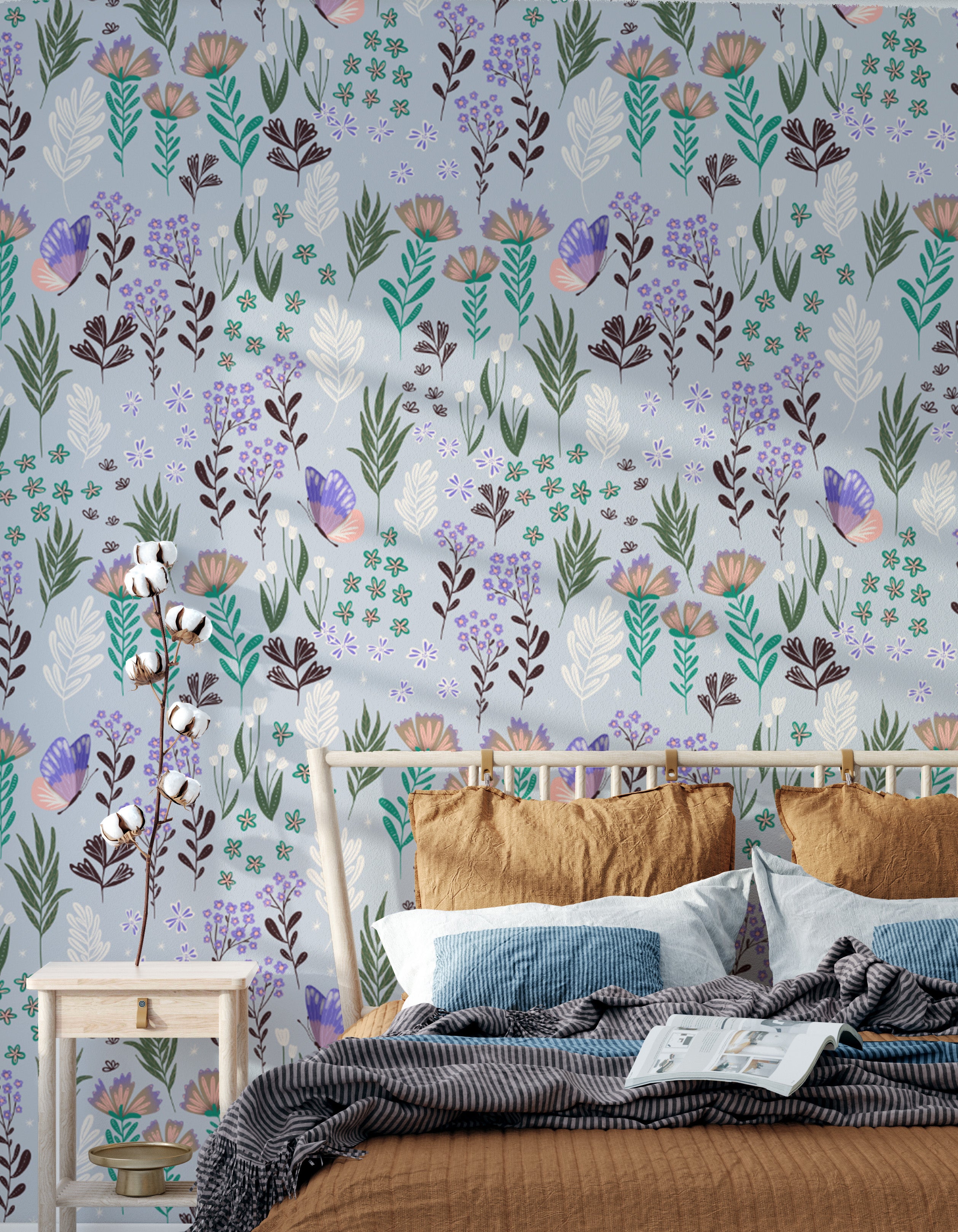 Vibrant butterfly meadow wallpaper in lush purple hues.