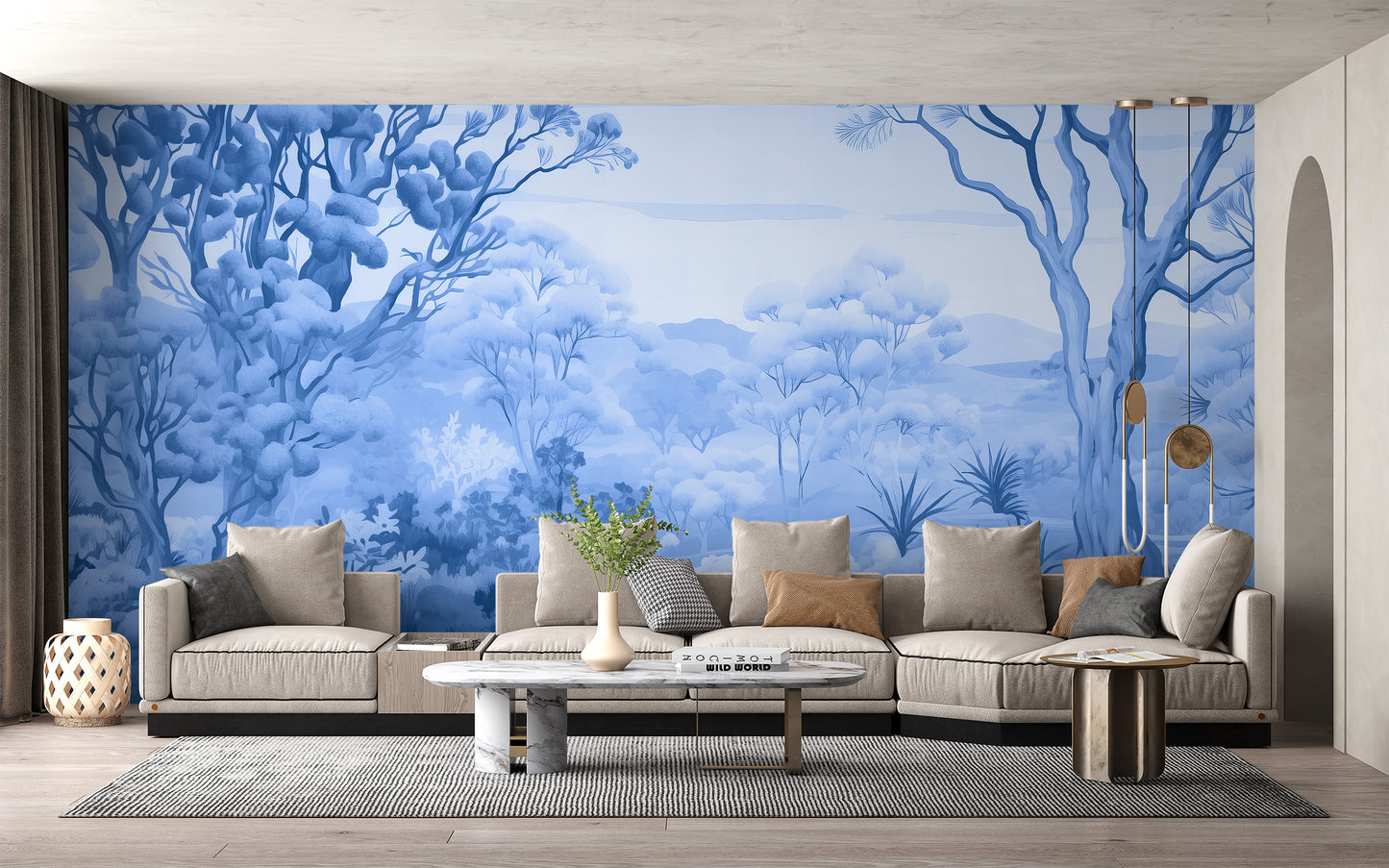 Autumn forest blue color wallpaper mural for a serene, seasonal vibe.