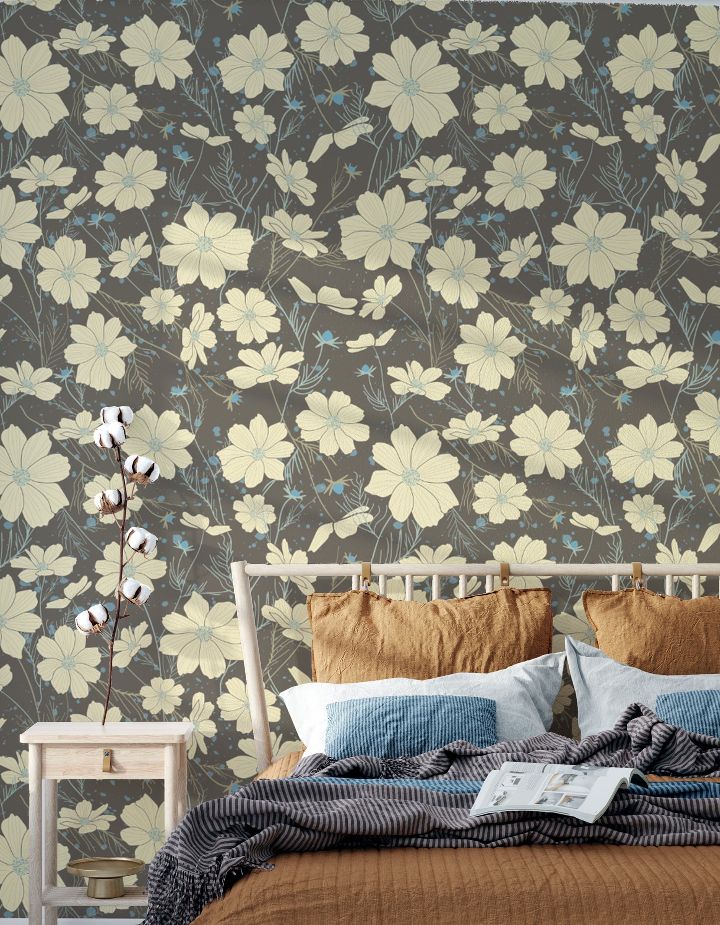 Stylish gray wallpaper with soft cosmos flower illustrations.
