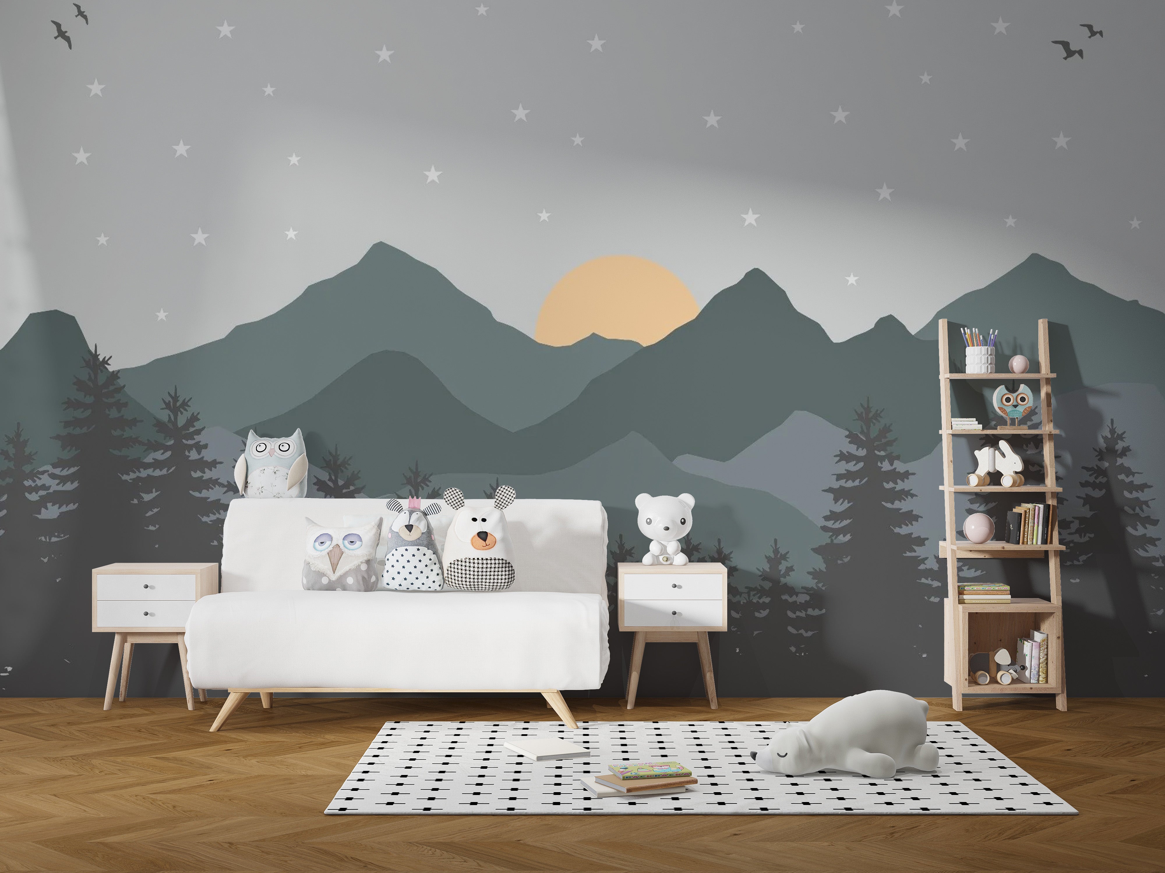 Calming nursery mural with dark tones
