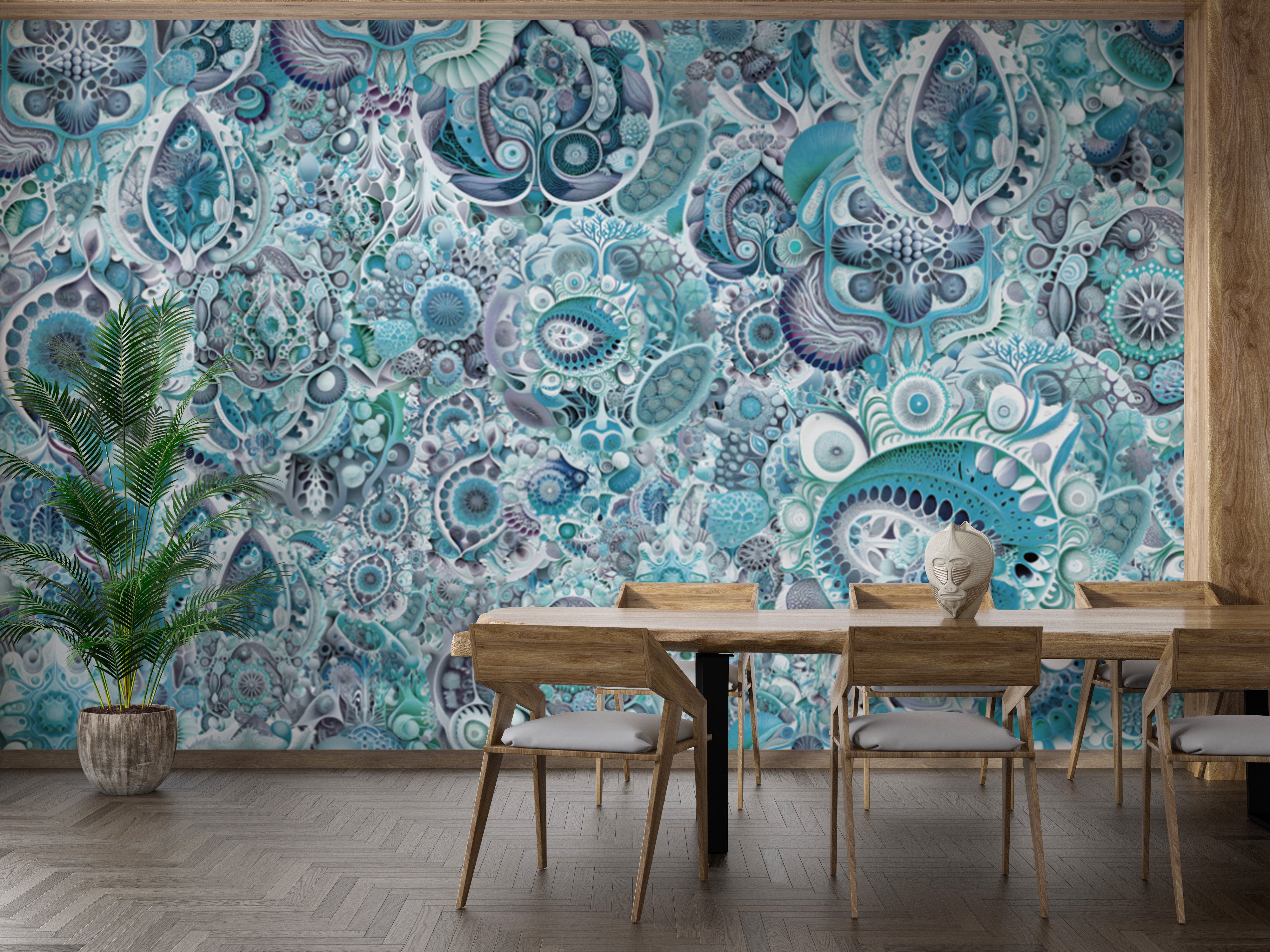 Create a unique ambiance with blue Haeckel-inspired abstract mural wallpaper.