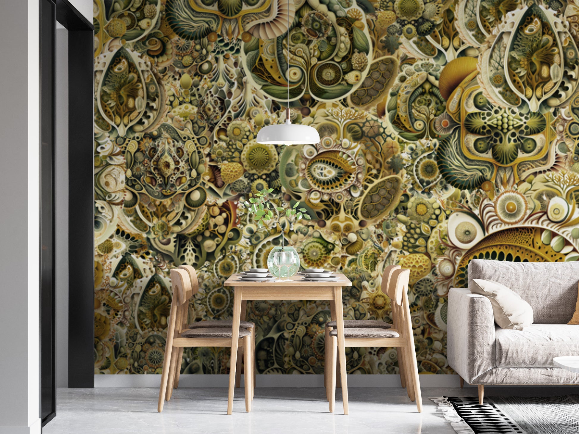 Transform your space with green Haeckel-inspired abstract mural wallpaper.