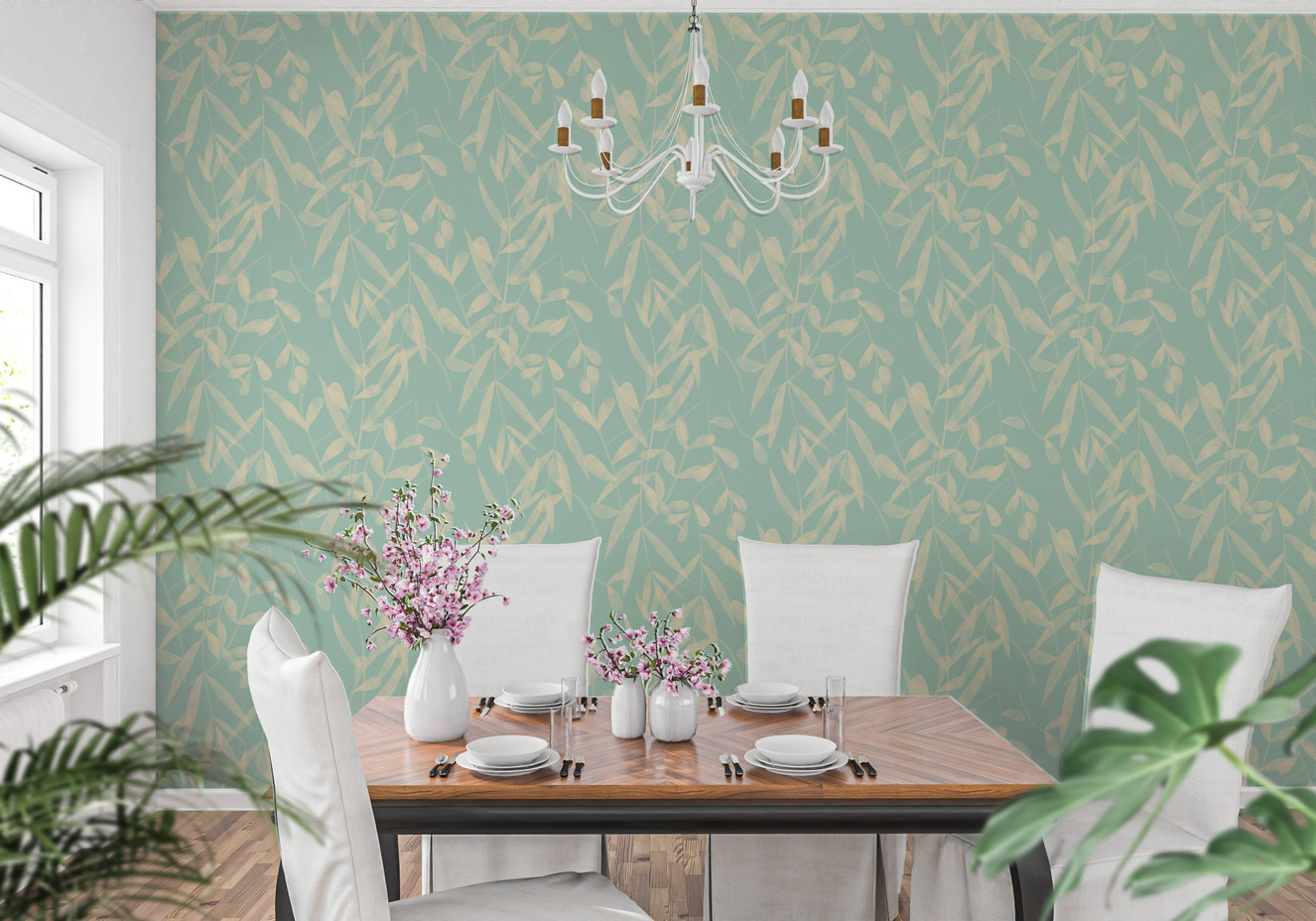 Blue wallpaper with floral leafy patterns
