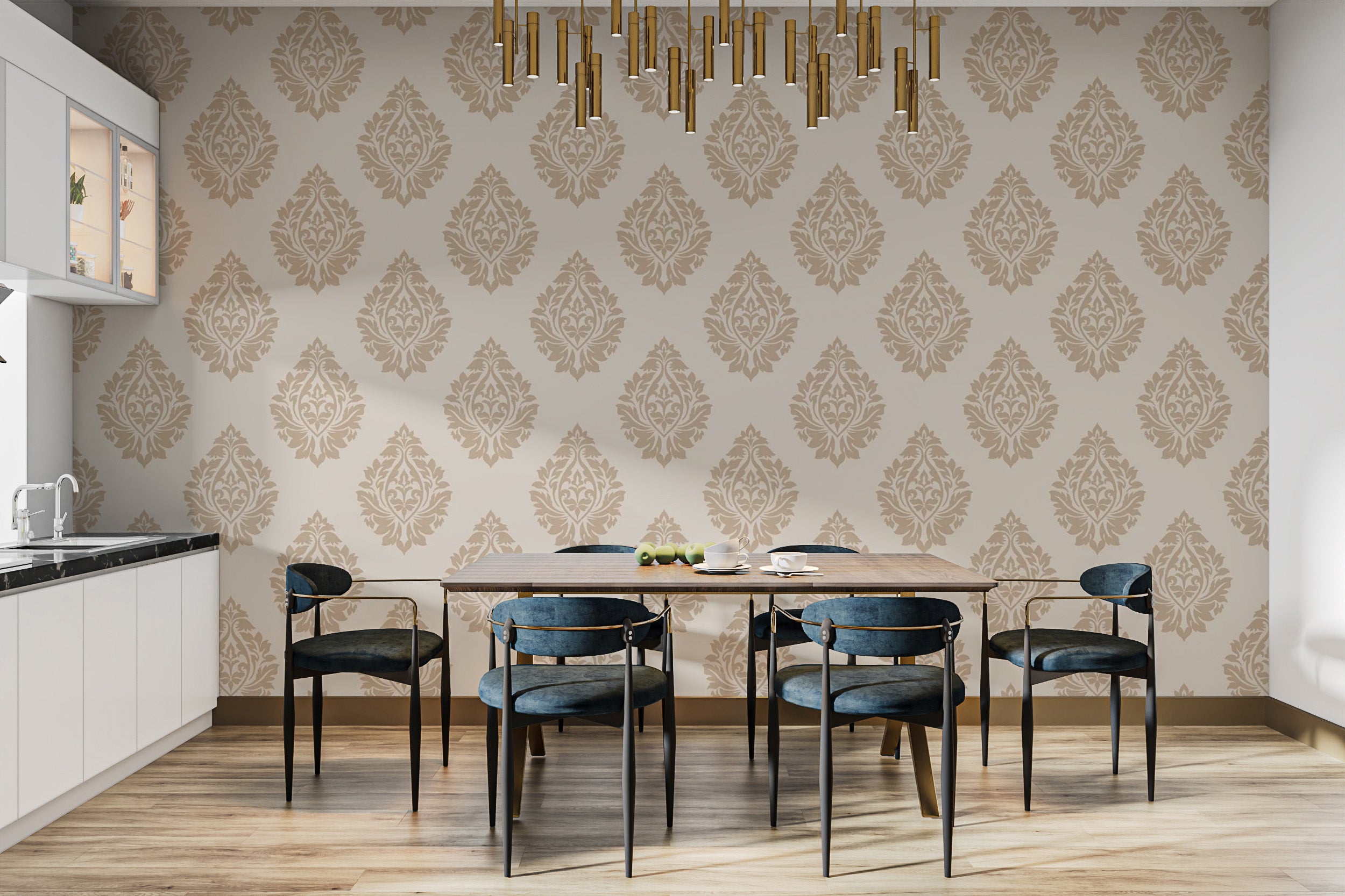 Classic beige damask repeat wallpaper in Victorian style.