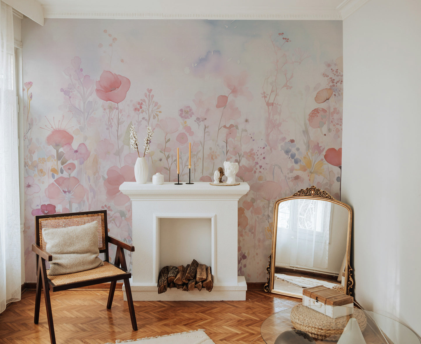 Soft and vibrant watercolor happy flowers pastel wallpaper for a joyful room.
