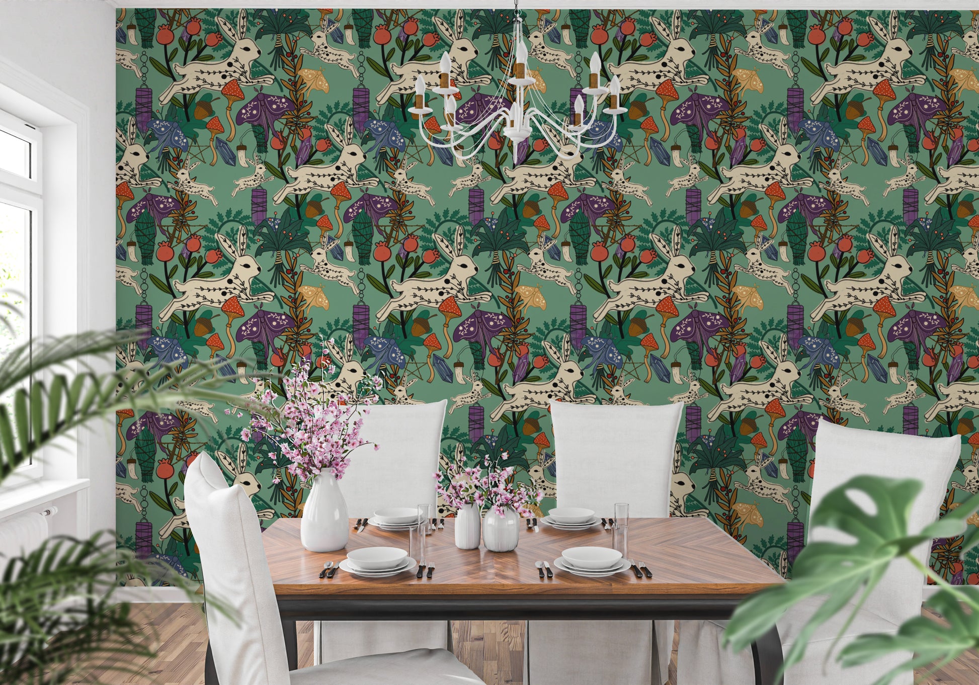 Eclectic wallpaper featuring forest animals
