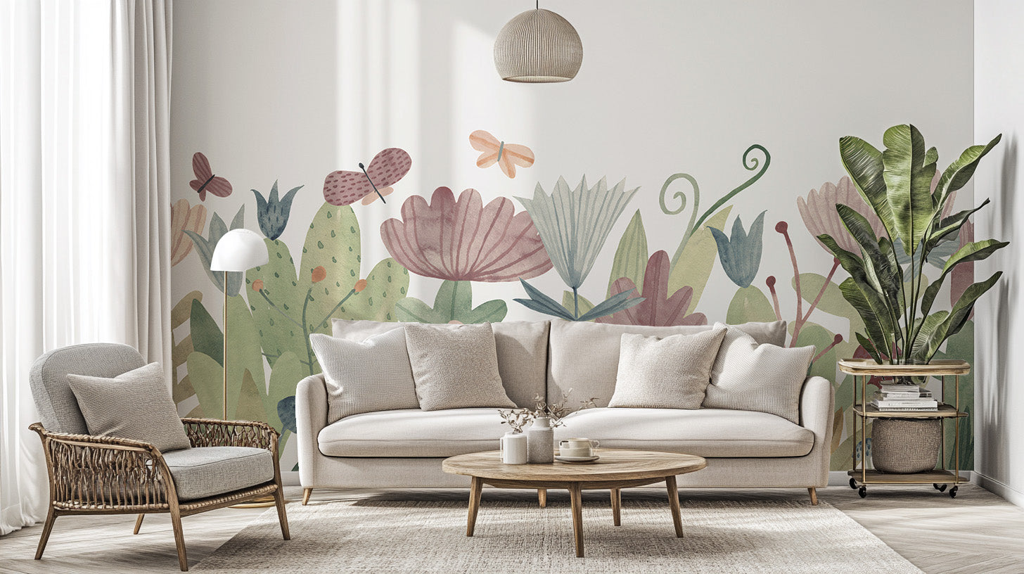 Trendy watercolor wildflower mural wallpaper for chic living rooms.