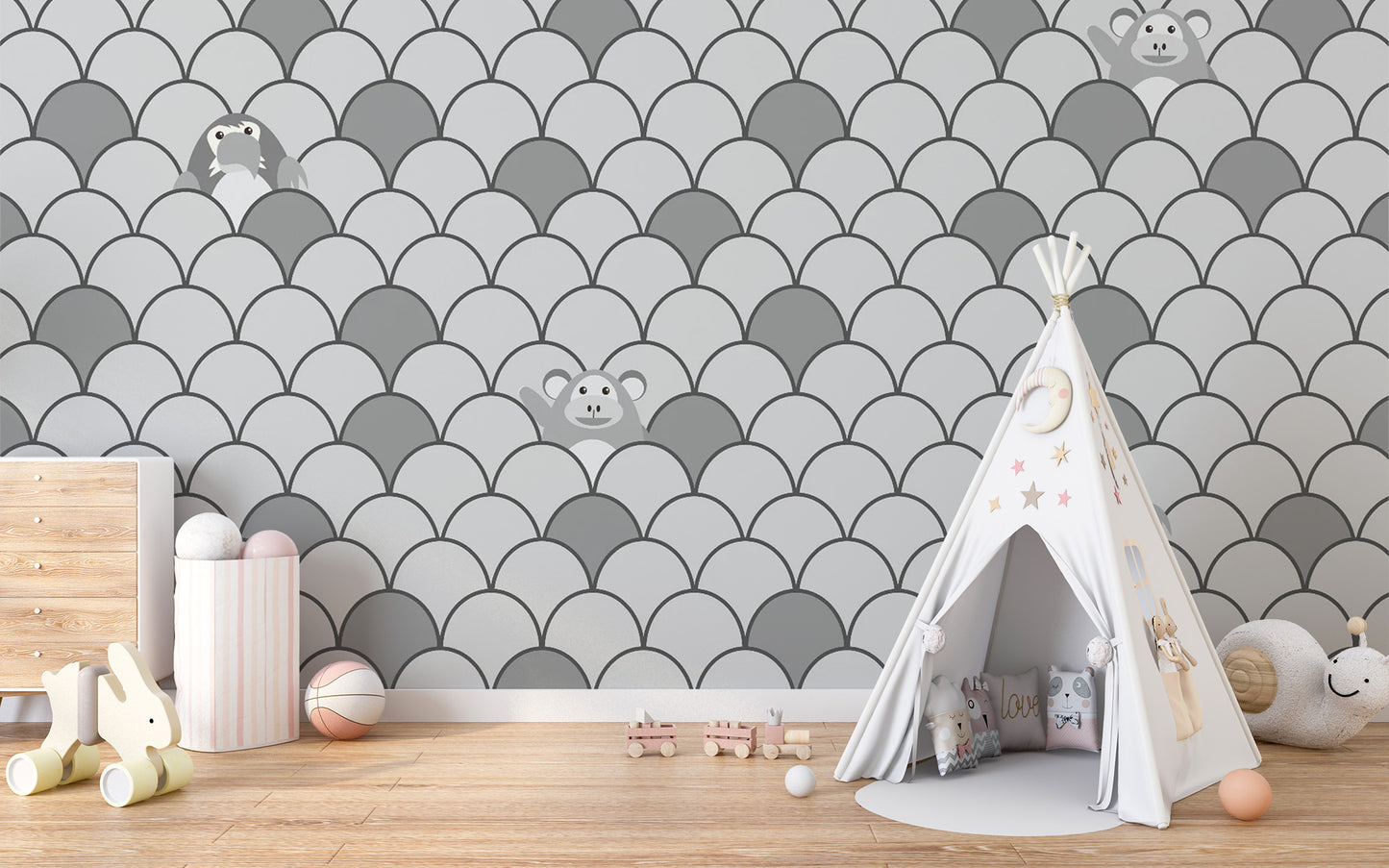 Fun and playful Grey Color Kids Animated Motifs Mural
