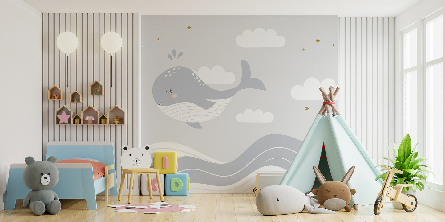 Playful whale wallpaper with serene waves