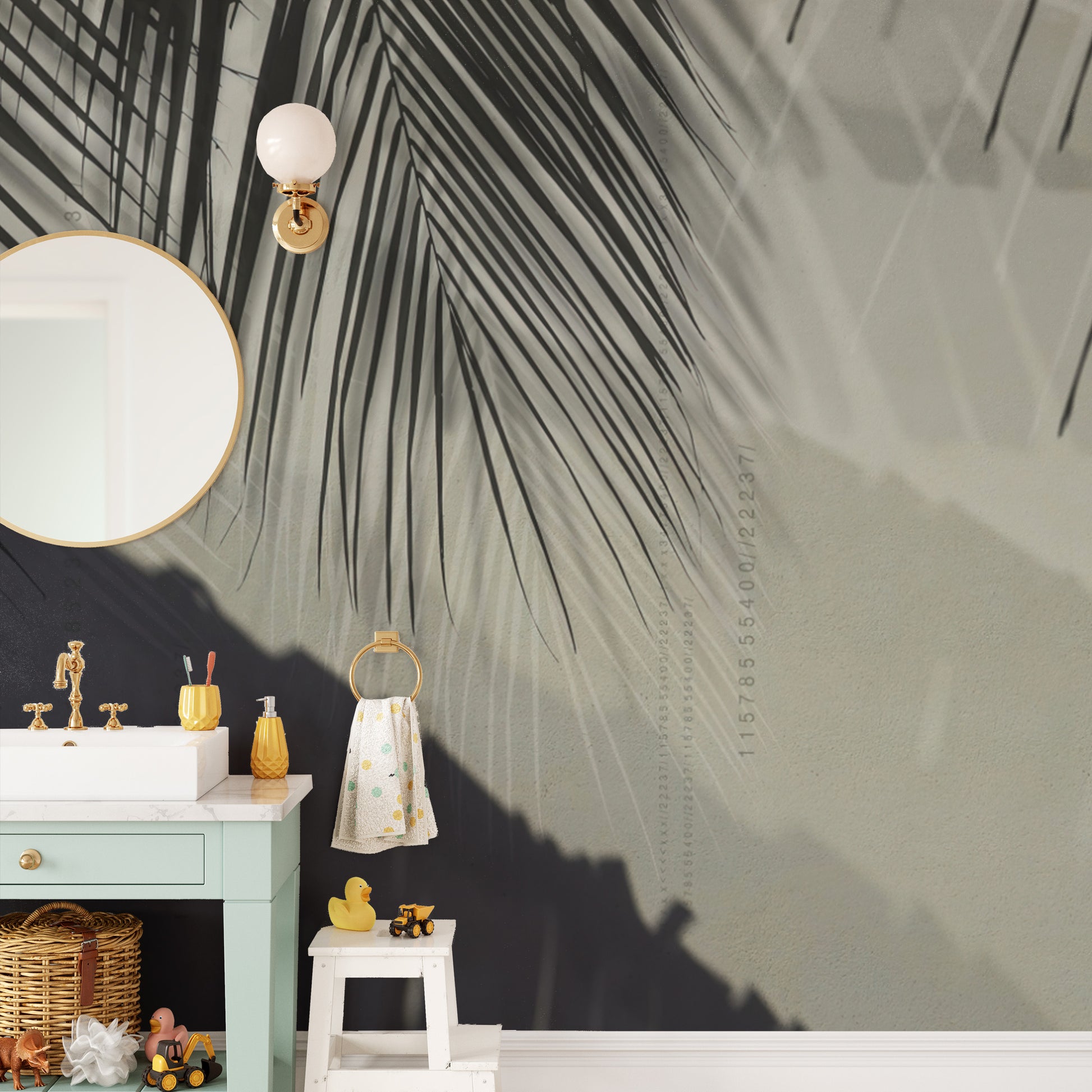 Palm leaf shadow wallpaper for a calming, nature-inspired look.
