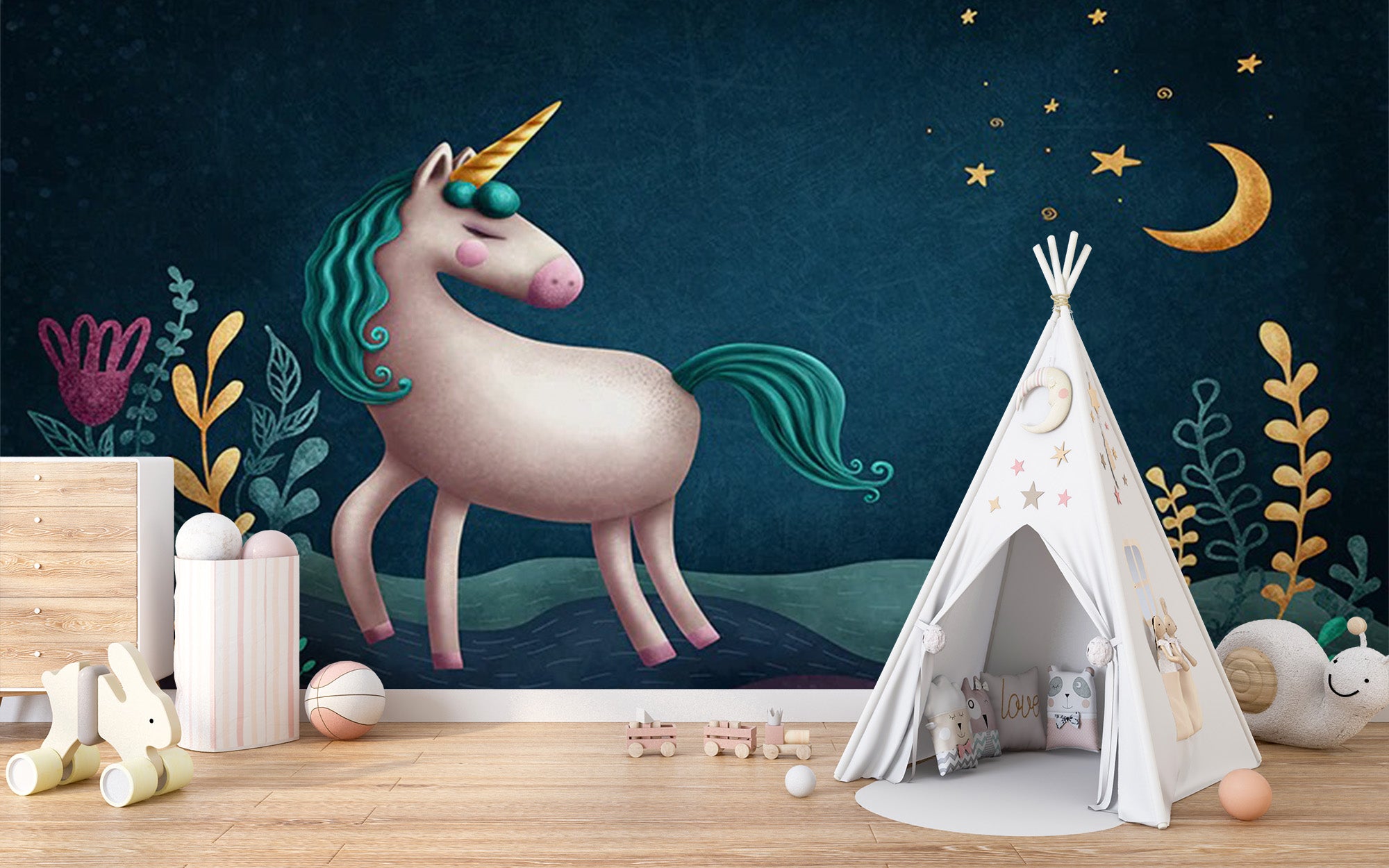 Magical Blue & Green Night Unicorn Wallpaper Mural
