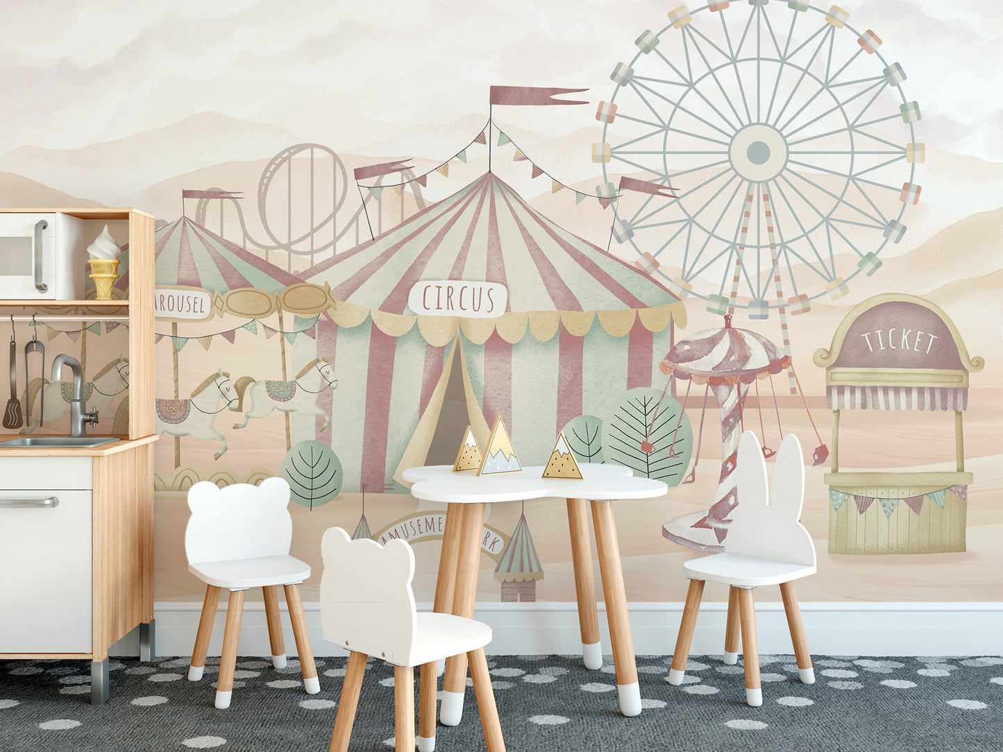 Children's room mural with a ferris wheel
