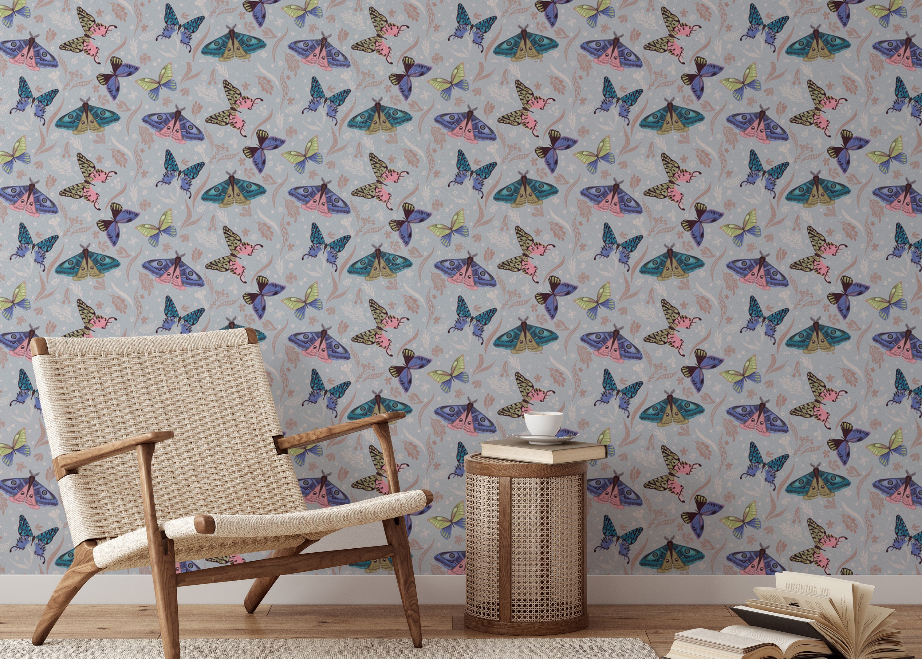 Whimsical butterfly pattern wallpaper with bold, colorful designs.
