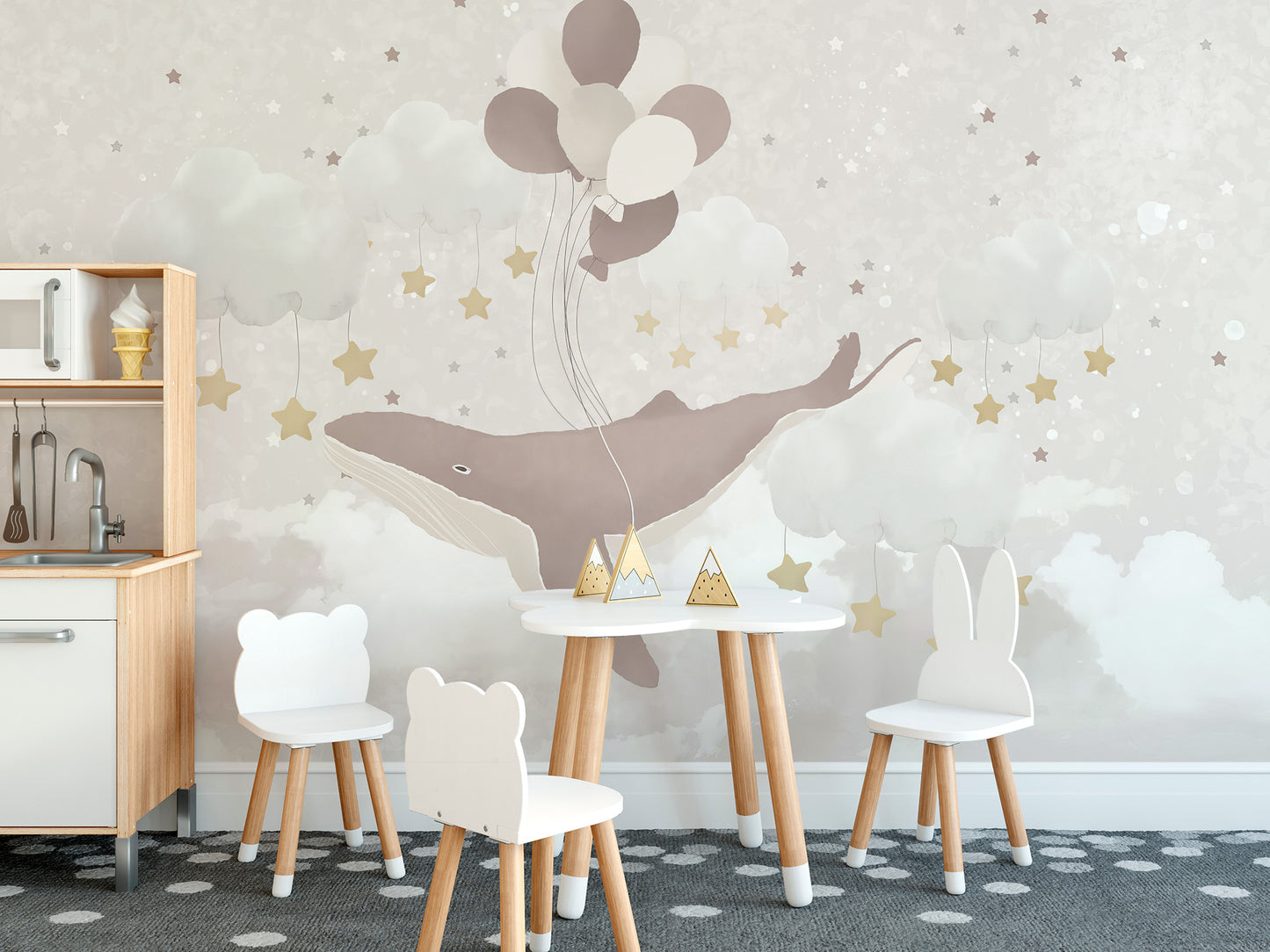 Kids room mural with dreamy clouds
