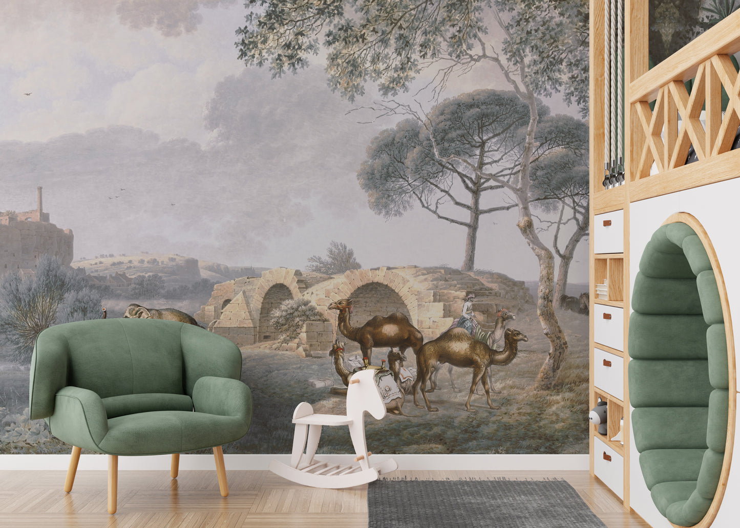 Exotic garden wallpaper with camels and birds for unique decor.
