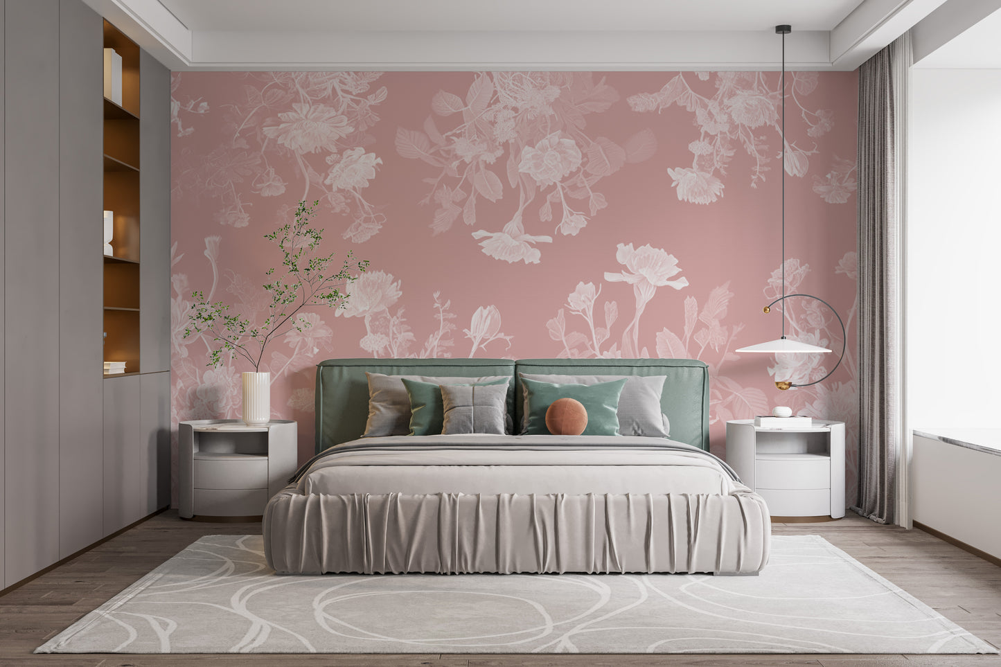 Elegant pink flower mural wallpaper for a peaceful, feminine vibe.