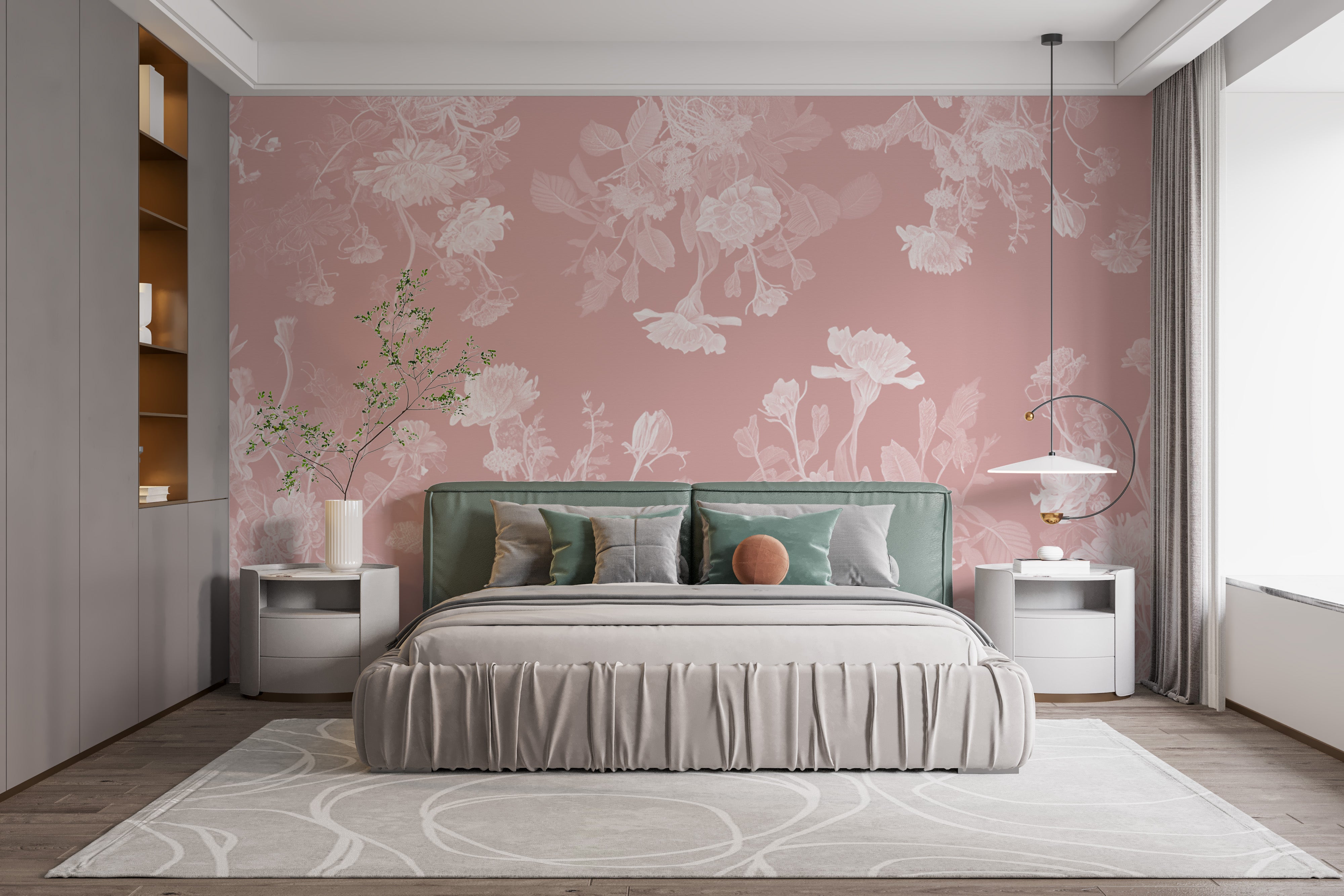 Elegant pink flower mural wallpaper for a peaceful, feminine vibe.