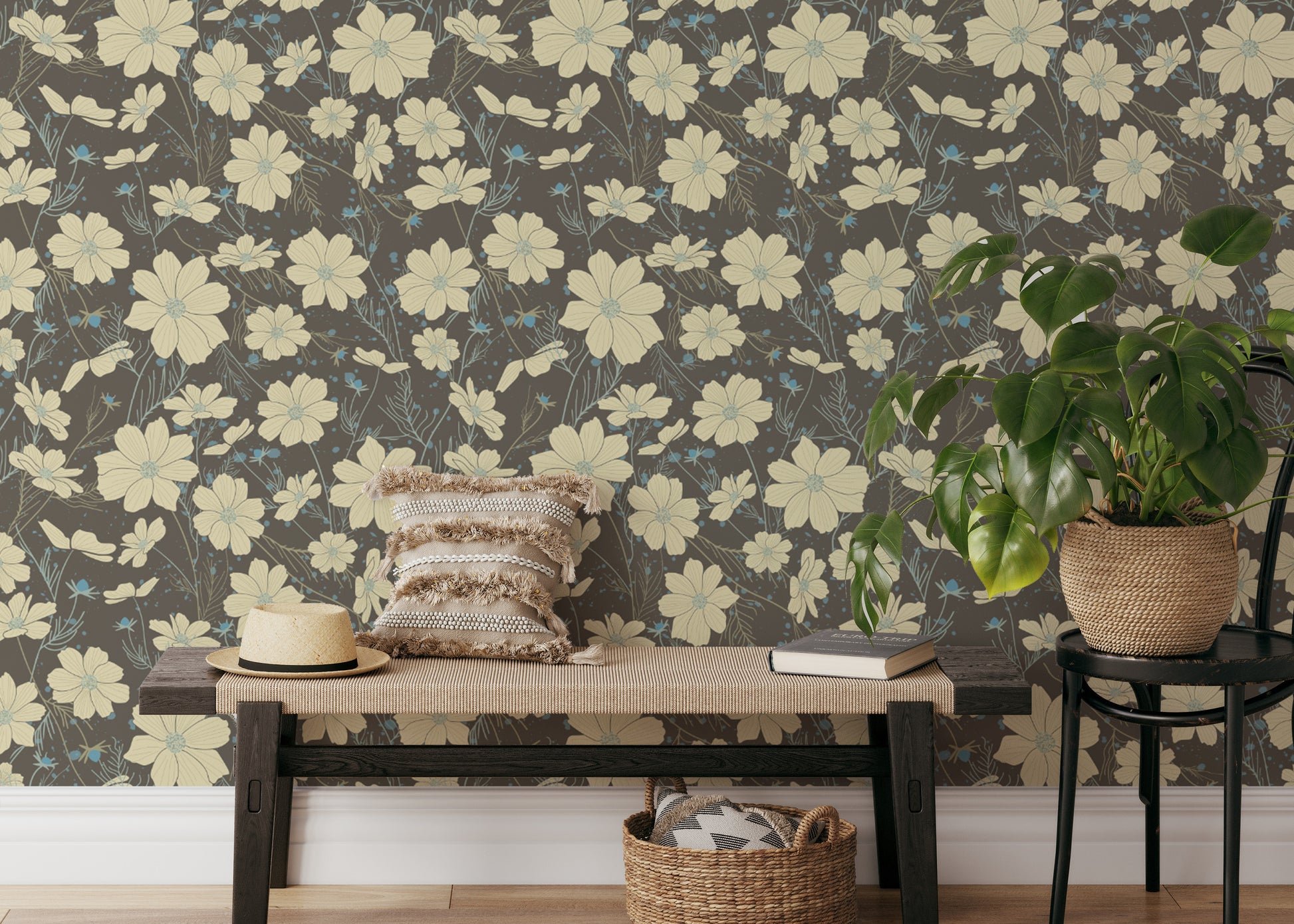 Contemporary cosmos flower wallpaper for elegant interiors.
