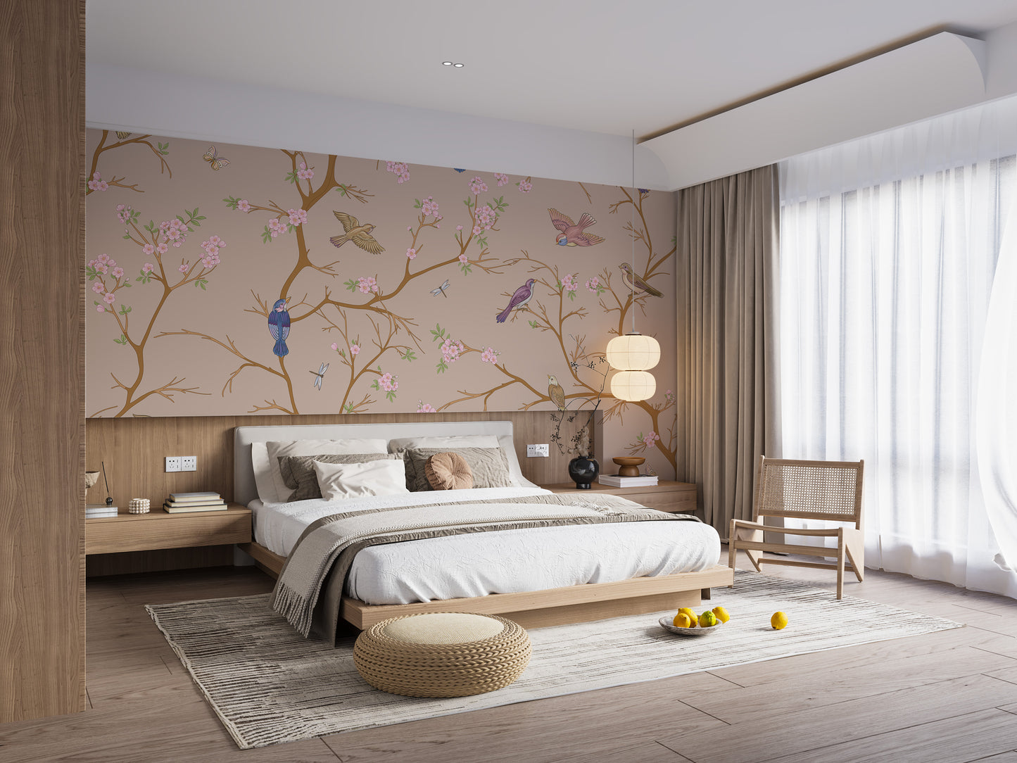 Classic beige chinoiserie design enhances bedroom walls