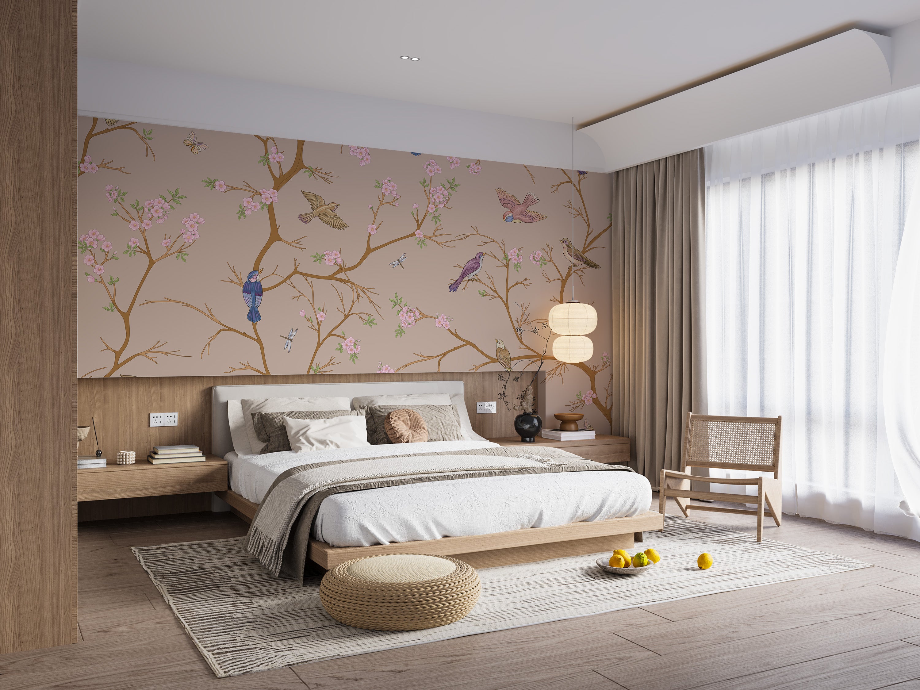 Classic beige chinoiserie design enhances bedroom walls