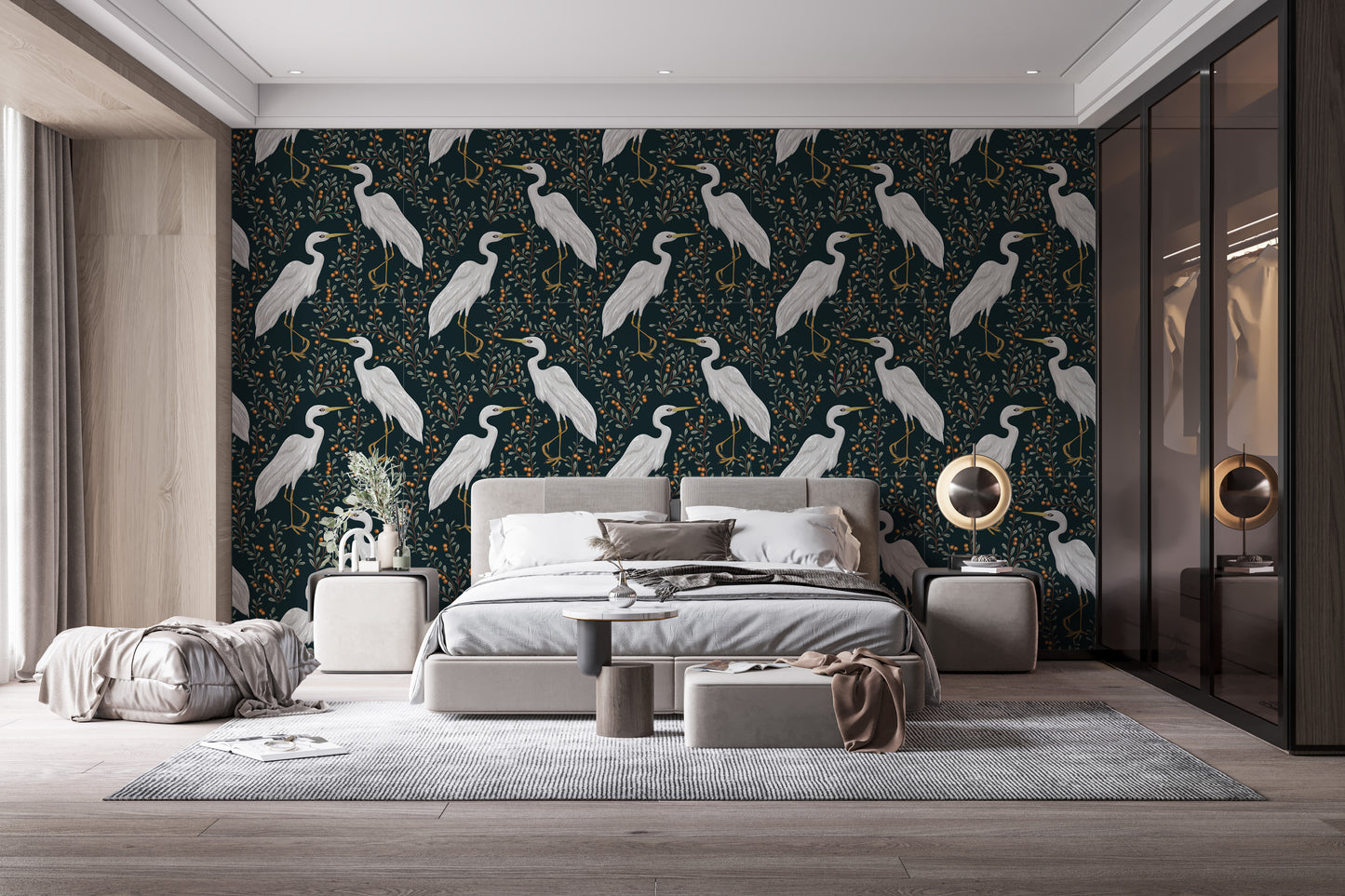 Elegant heron wallpaper with cranberry plants