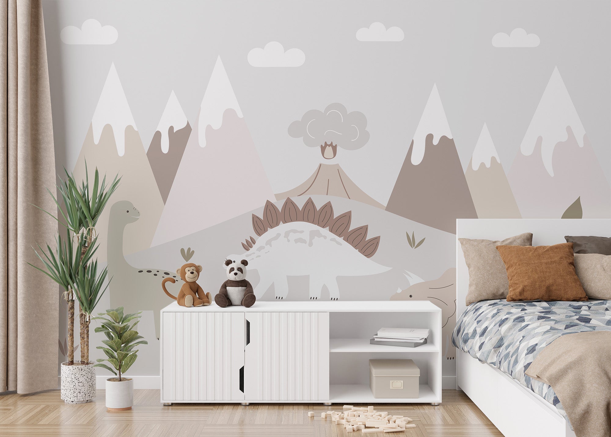 Kids’ room mural with dinosaur mountains
