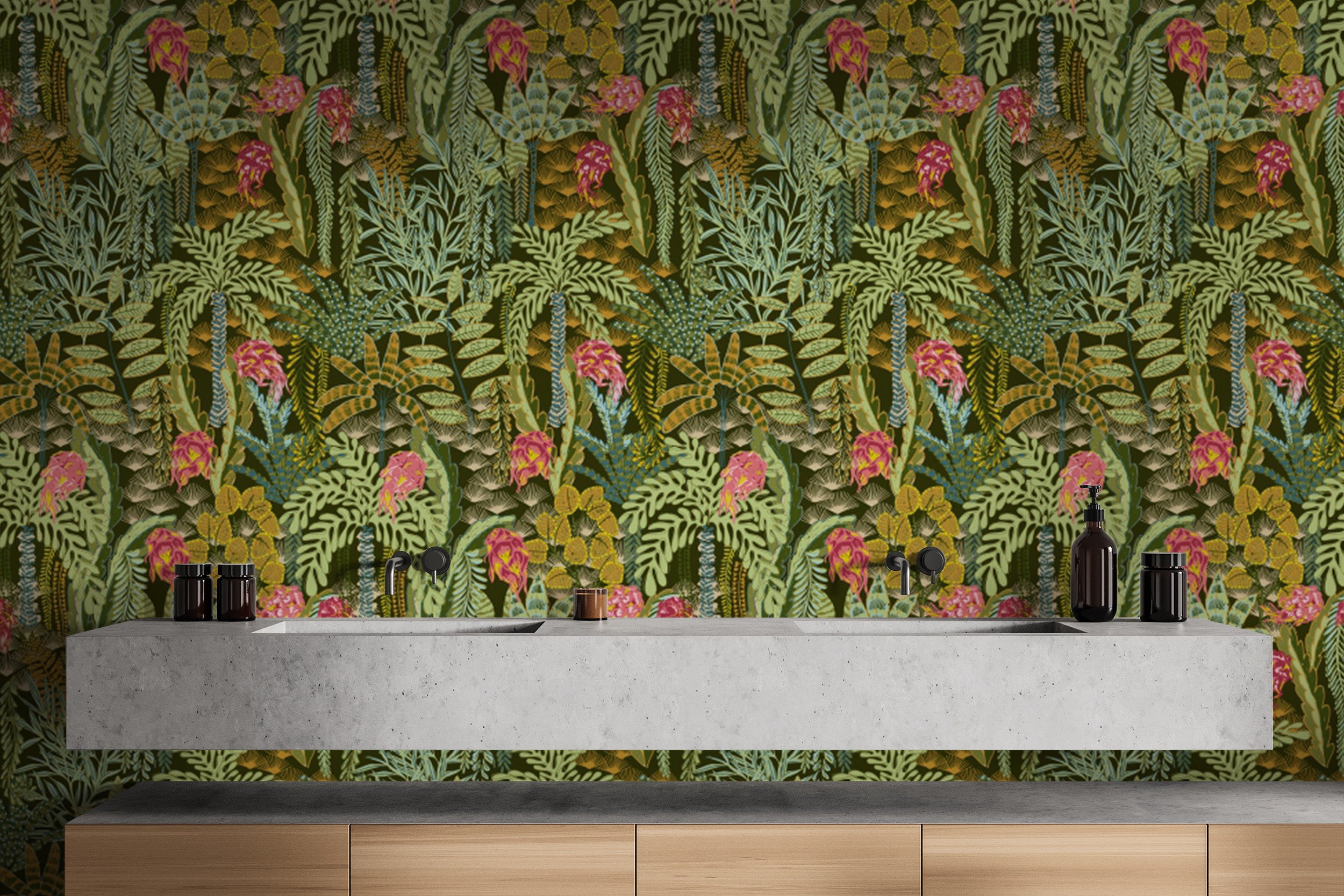 Luxurious Emerald Jungle wallpaper mural with vivid greenery.
