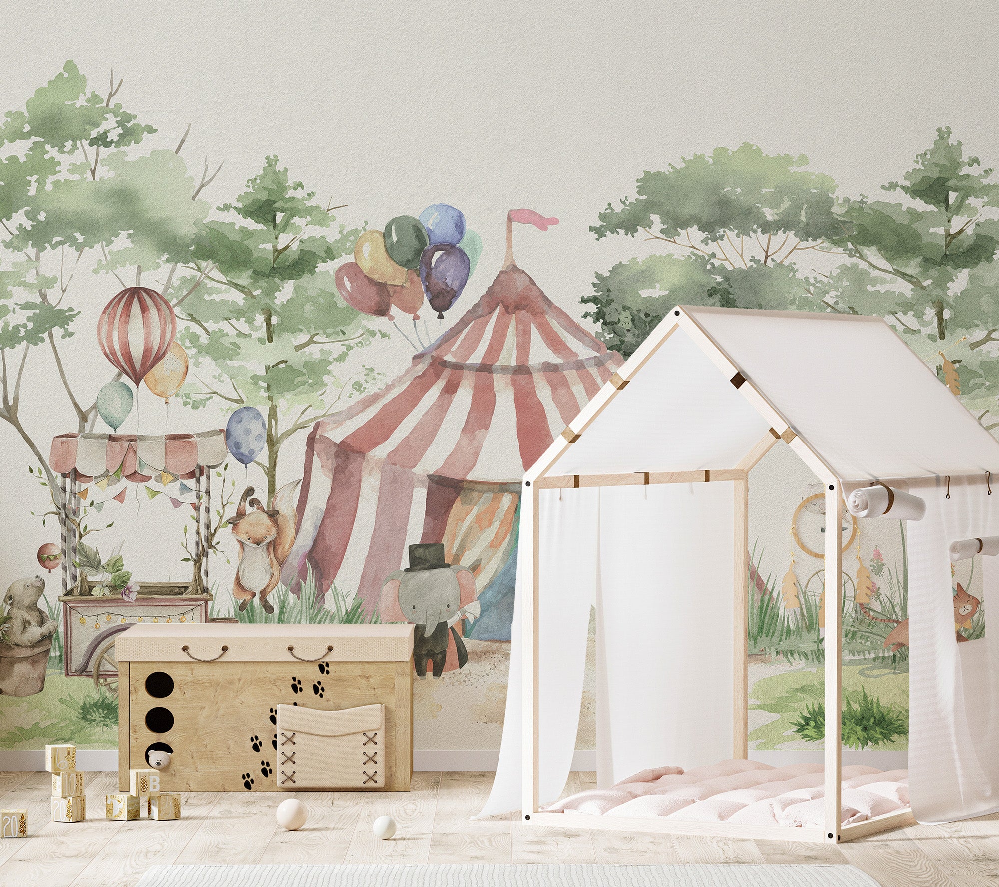 Woodland circus wall mural for kids' decor