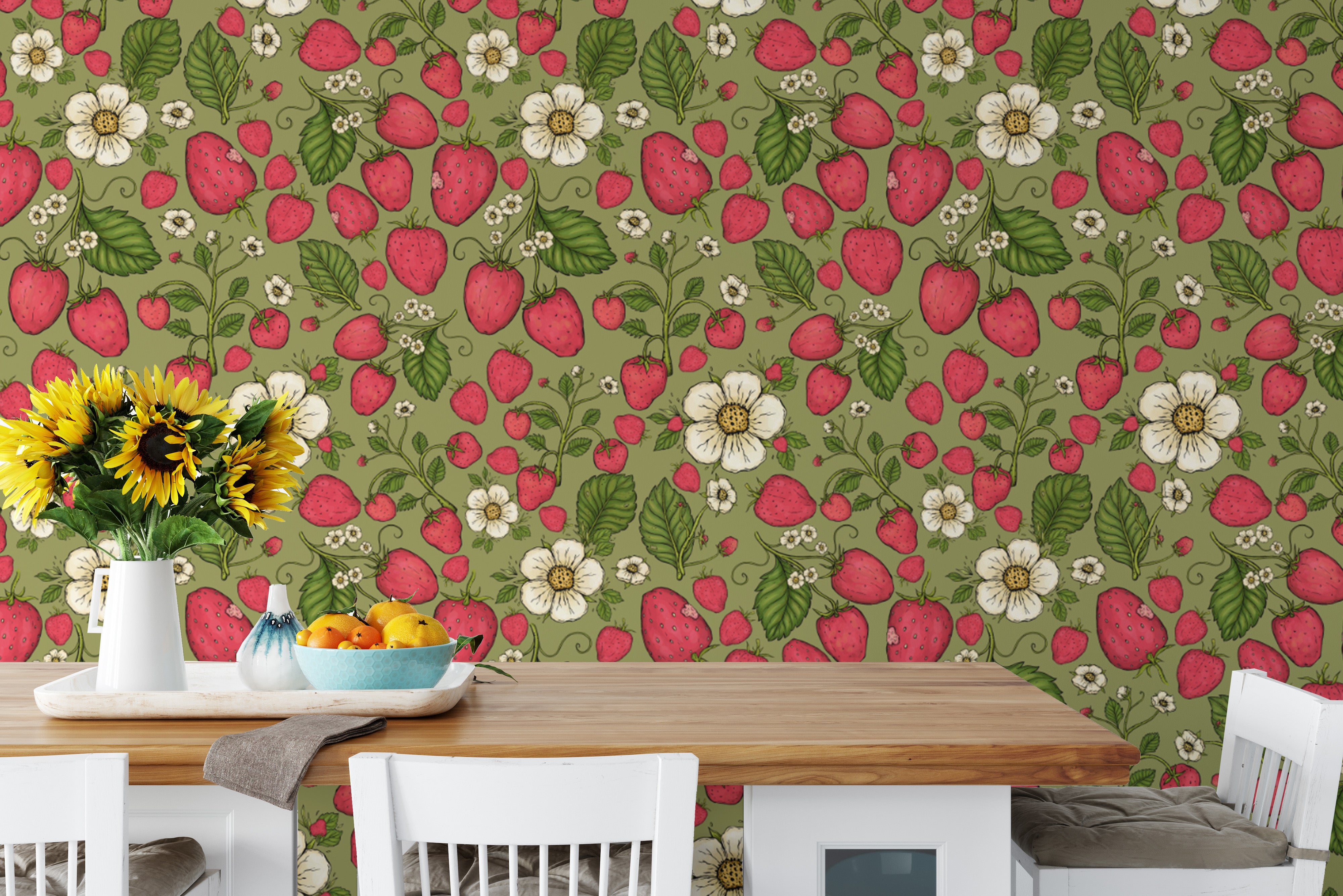 Pink strawberries on lush green wallpaper for cozy spaces.
