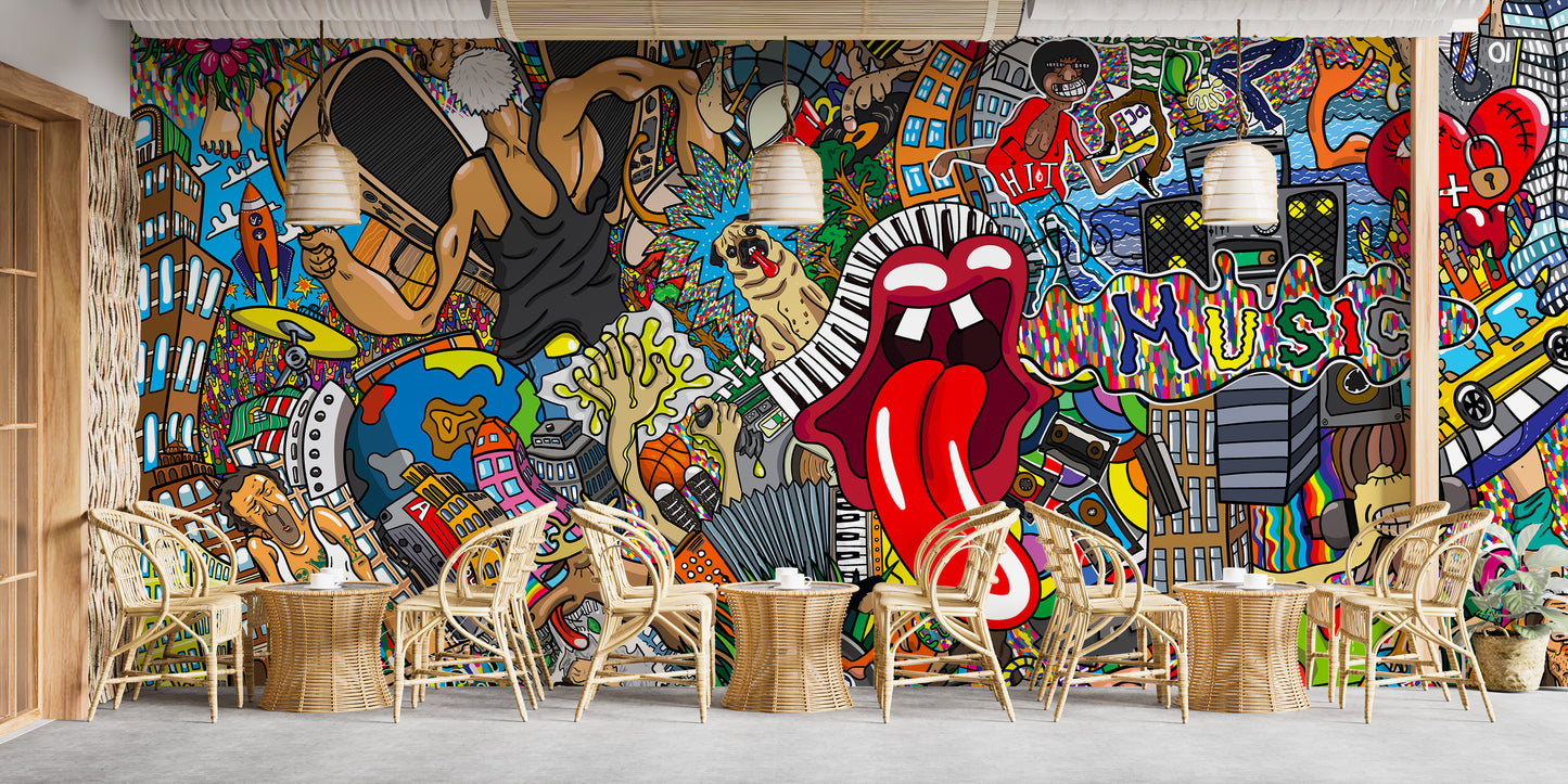 Vibrant electric music collage graffiti wallpaper mural for walls.