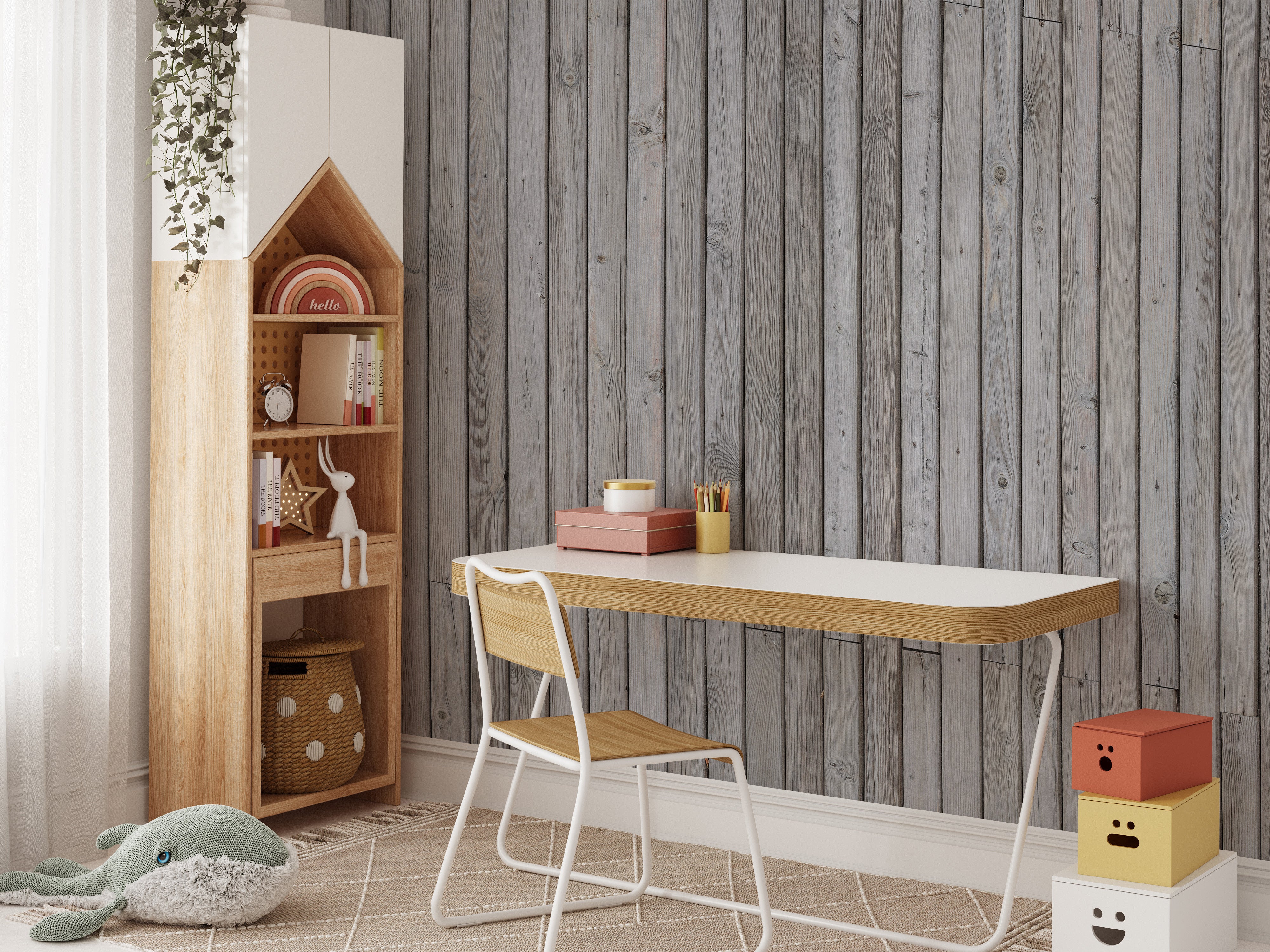 Grey wood-striped wallpaper mural for rustic industrial spaces.
