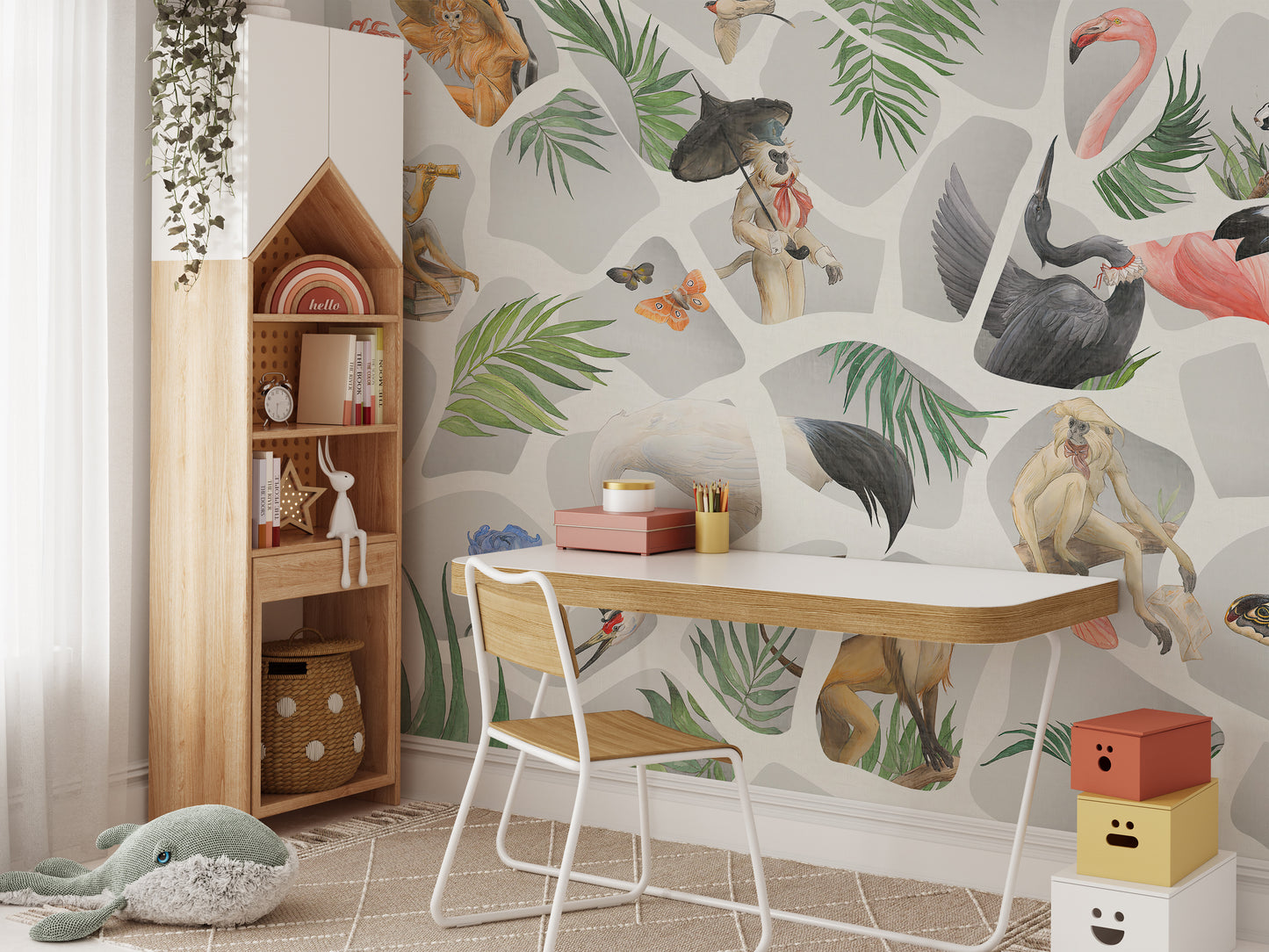 Sophisticated watercolor mural featuring monkeys and birds in gray.
