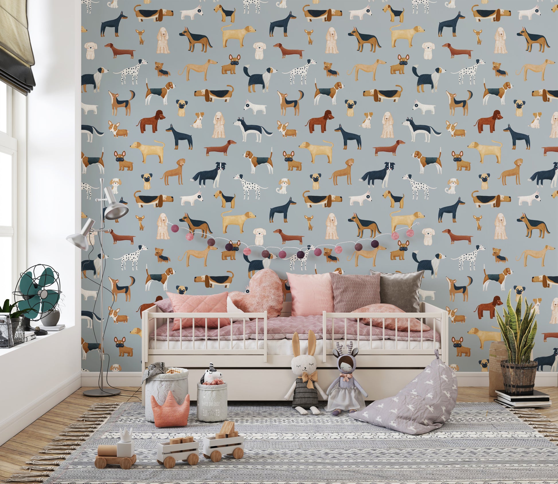 Kids' wallpaper featuring a medley of dogs
