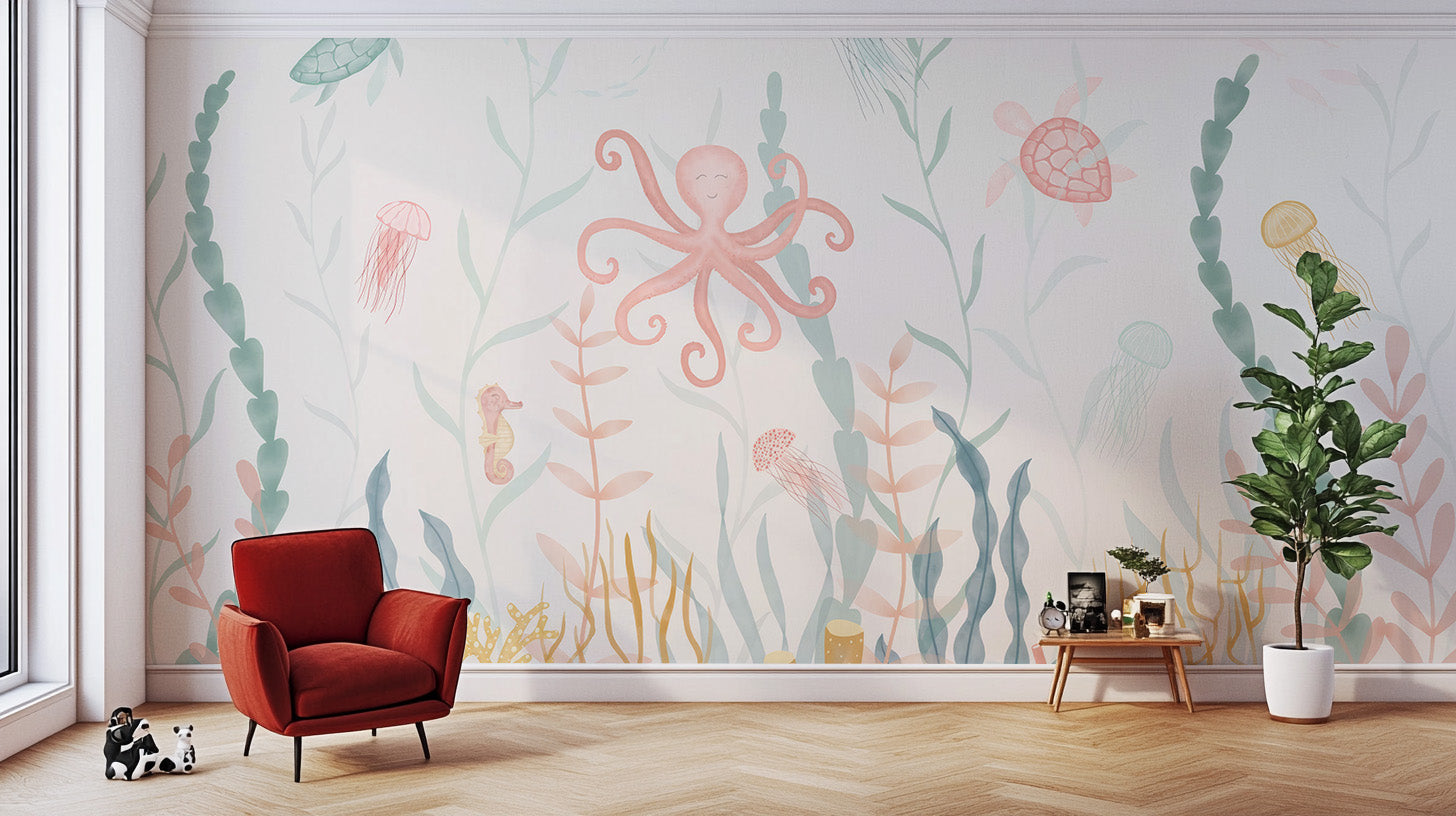 Elegant pastel marine mural with soft tones
