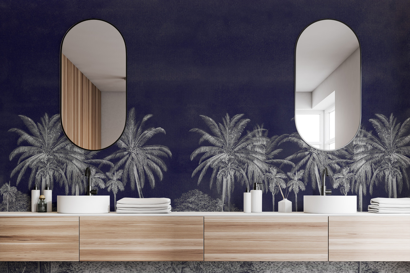 Monochrome tropical palm tree mural for elegant interiors
