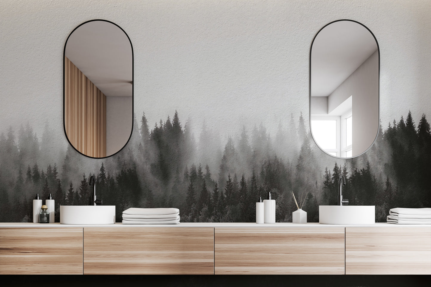 Serene foggy pine forest mural for tranquil wall decor.
