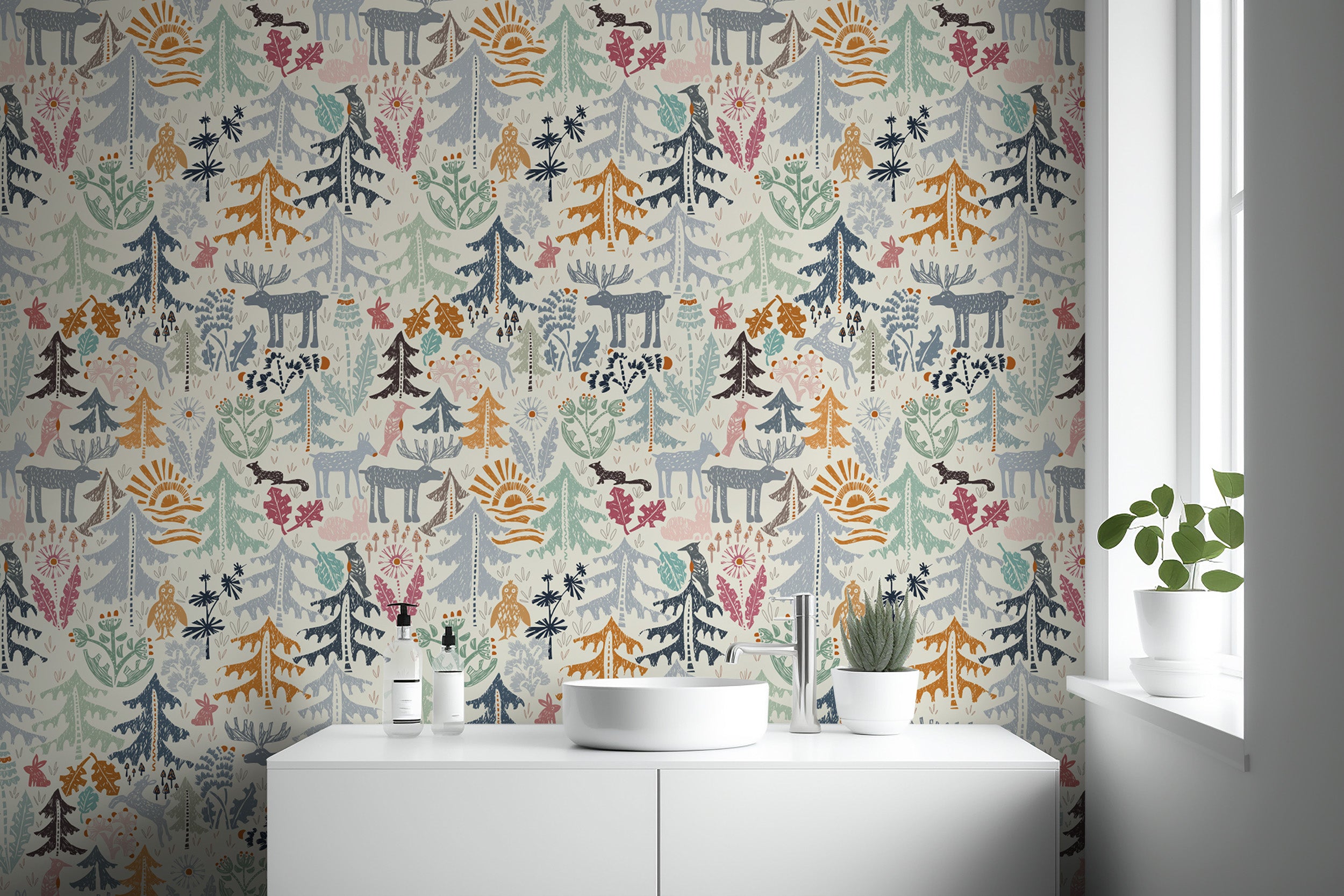 Vibrant Woodland Animals and Forest Wallpaper
