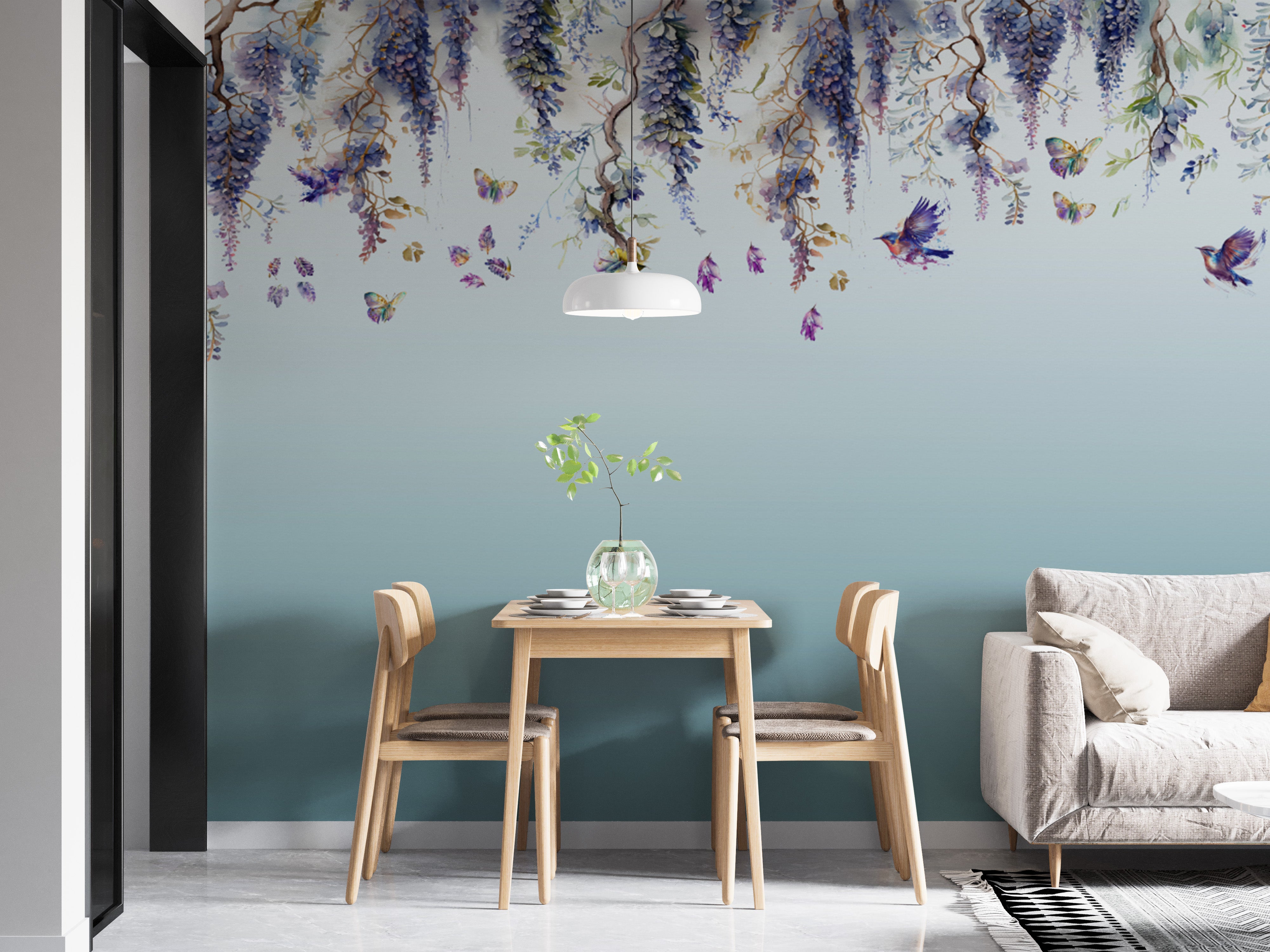 Beautiful wisteria romance blue mural wallpaper for a calming vibe.