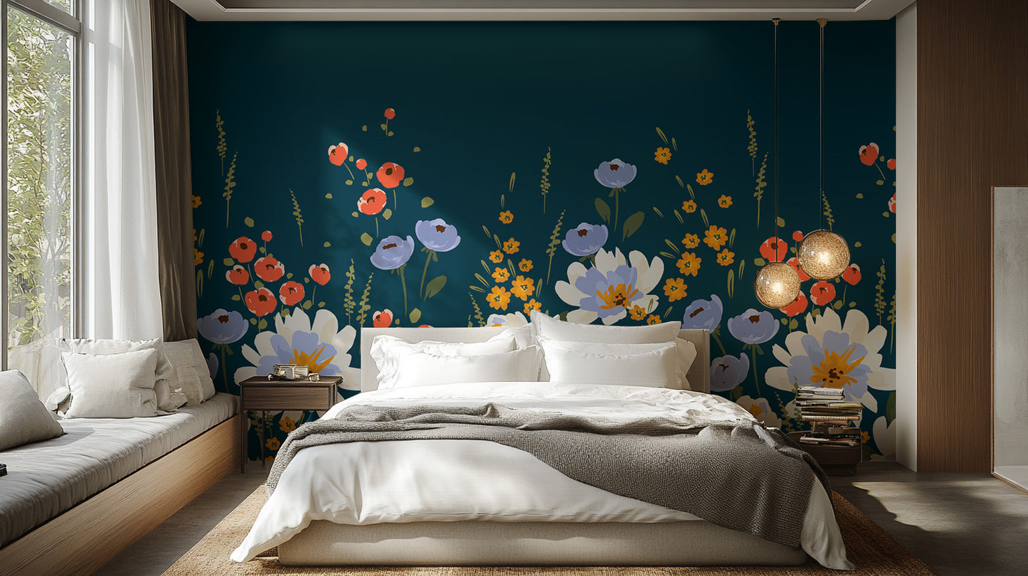 Peaceful Midnight Garden floral mural wallpaper for serene bedrooms.