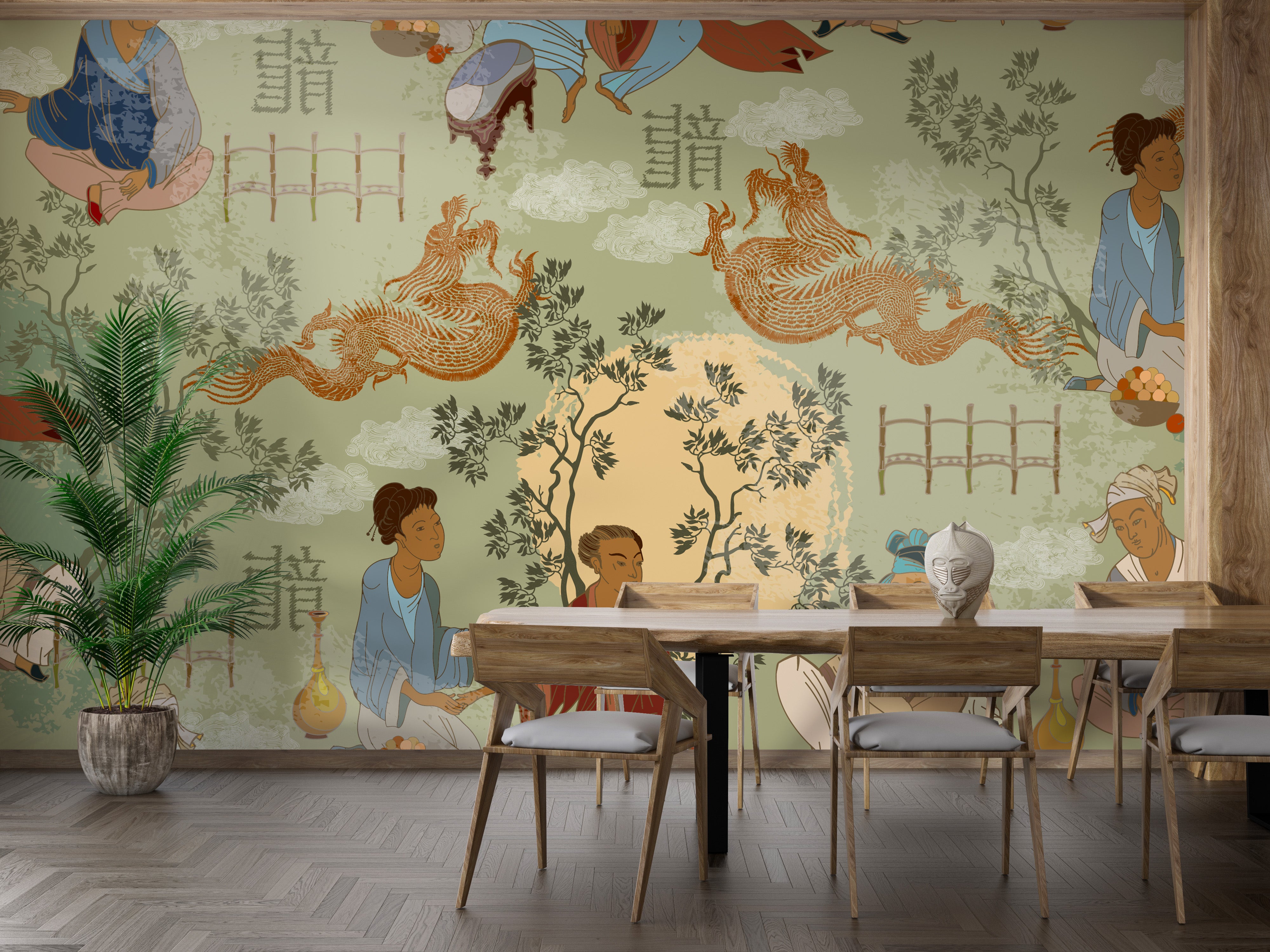 Elegant Chinese art tea ceremony mural
