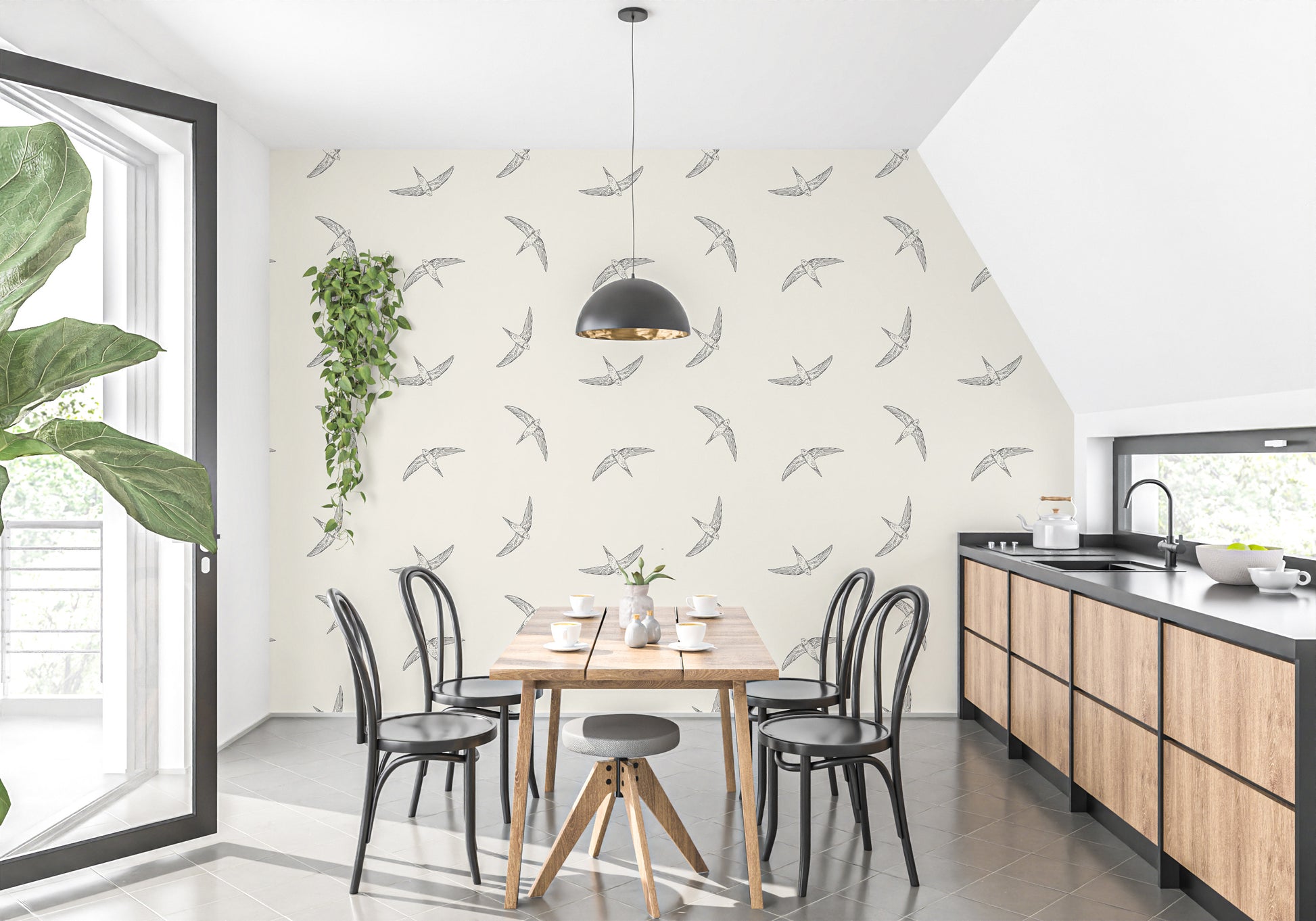 Elegant swallows soaring on beige wallpaper