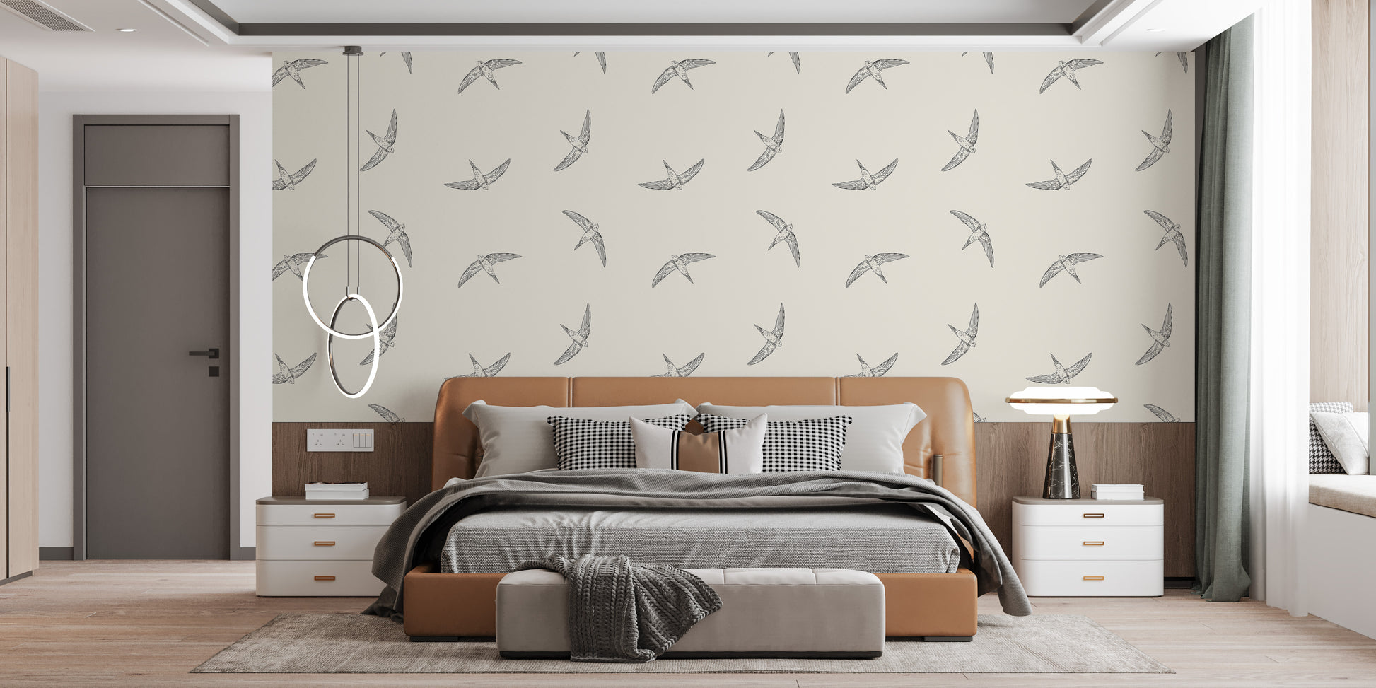 Beige backdrop with flying swallow silhouettes