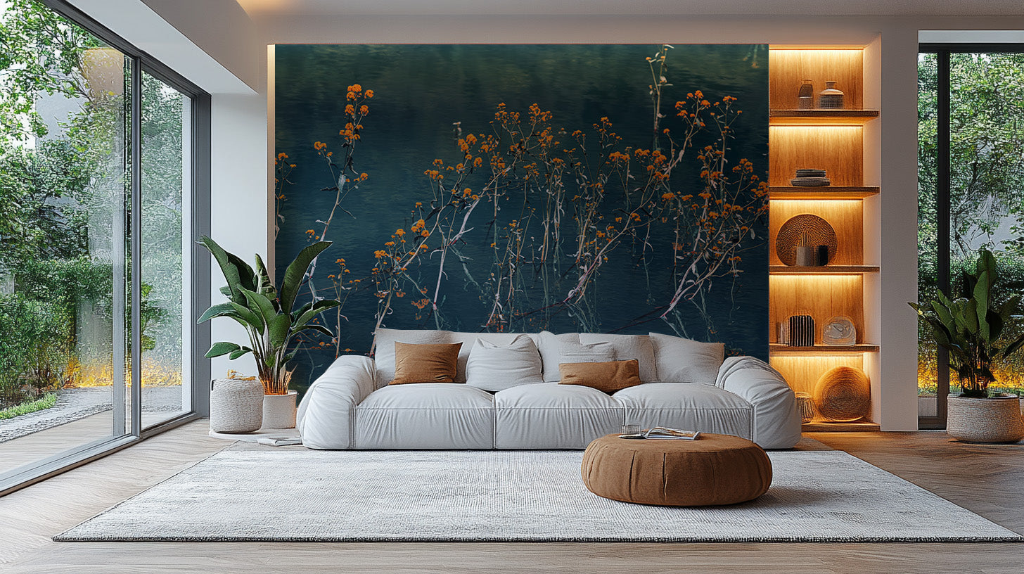 Serene wall art featuring blue blossoms
