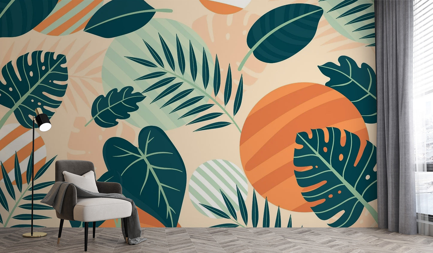 Green Orange Beige Leaves Wallpaper Mural