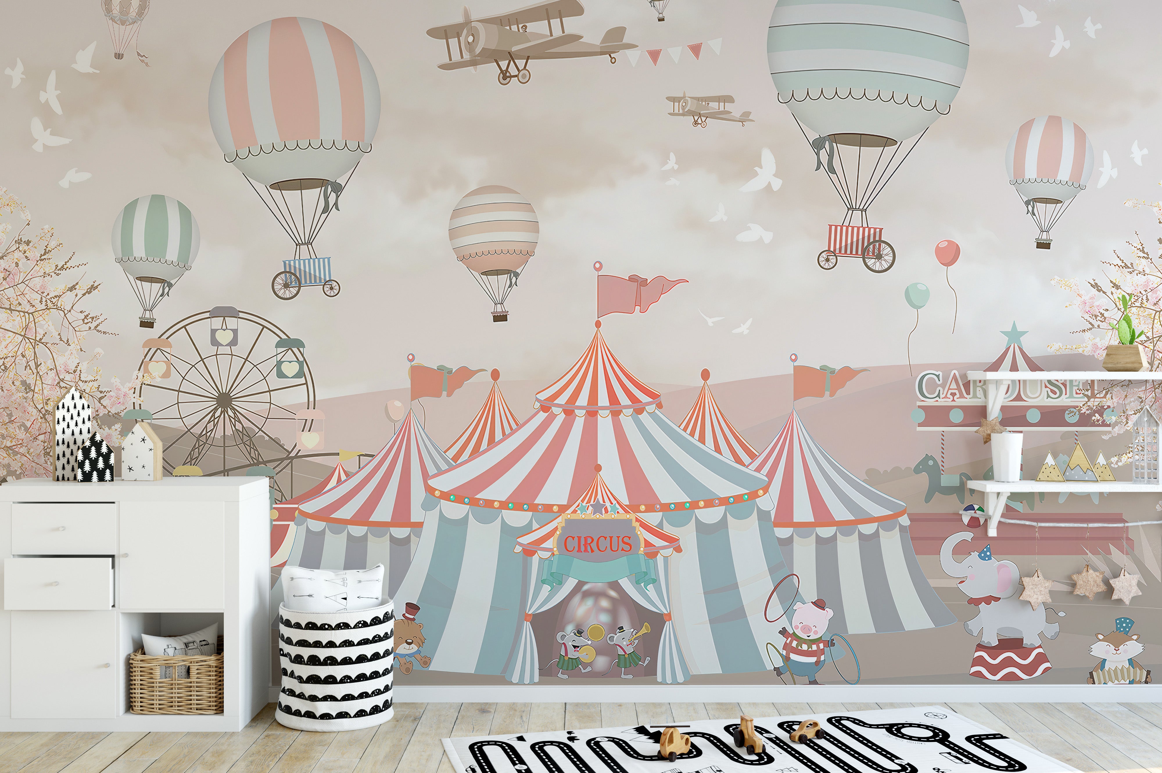 Minimalist circus kids wallpaper mural design
